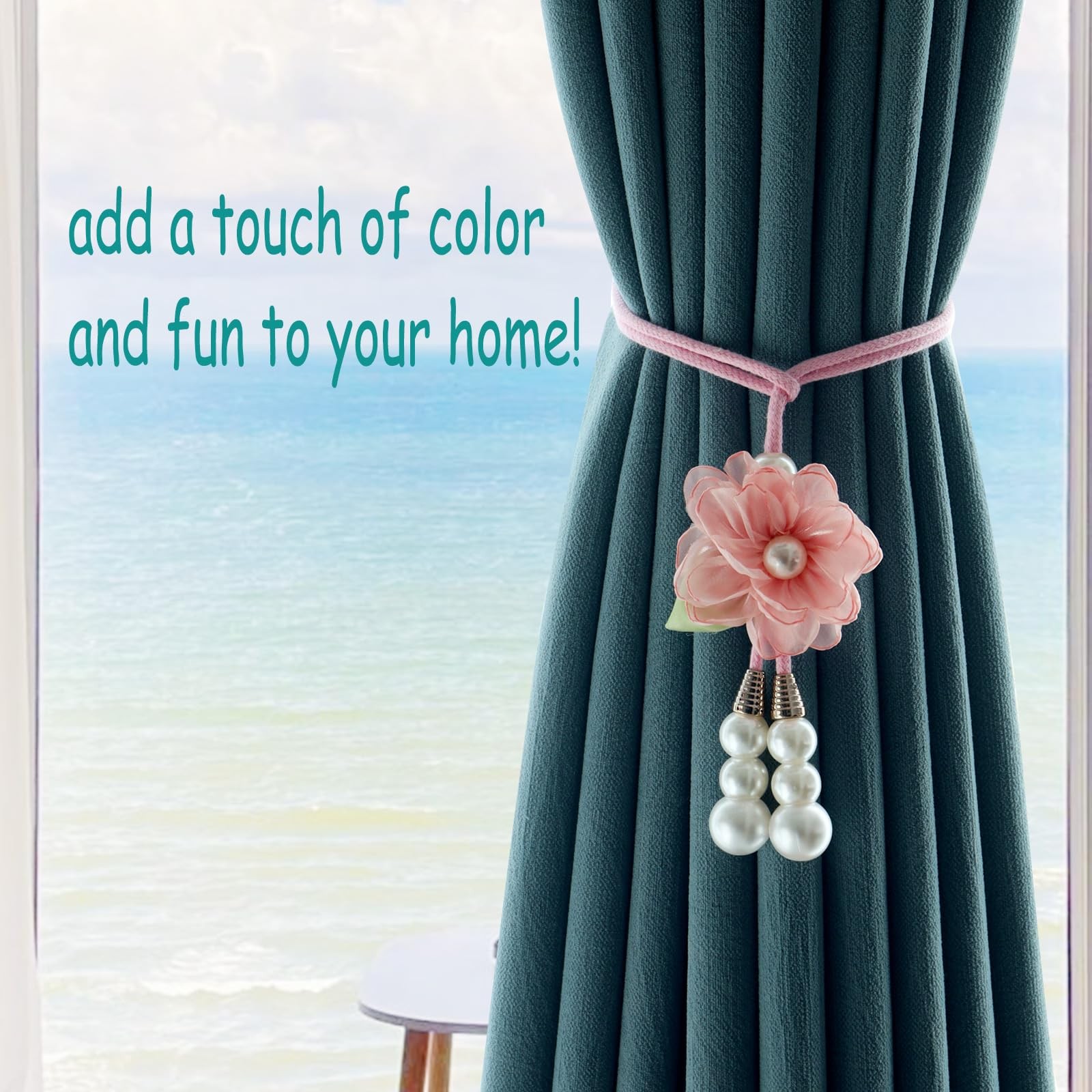 Adjustable Curtain Tiebacks， 4-Pack Hand-Woven Rope with Silk Flower & Pearl，…