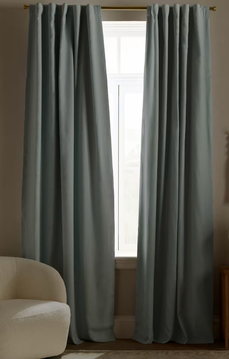 Quince European Linen Blackout Curtain Panel 48×96 Mist Blue Back Tab Pole Top