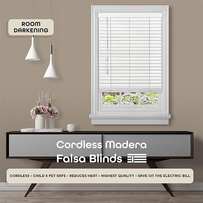 Madera Falsa Cordless Room Darkening Plantation Blind, 2″ Vinyl Faux Wood Slats