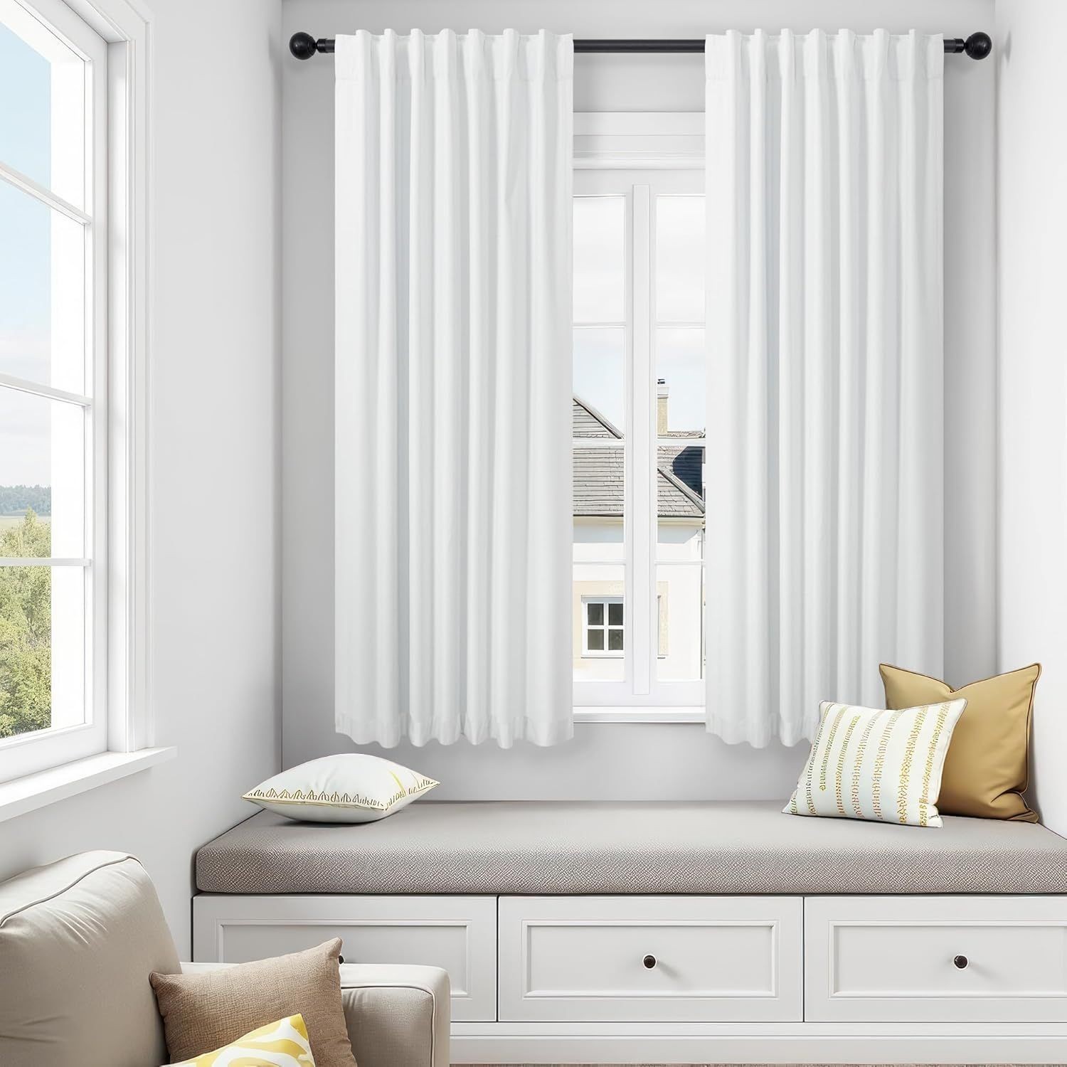 Blackout Curtains 68 Inches Long 2 Panel Thermal UV Heat Blocking White Linen