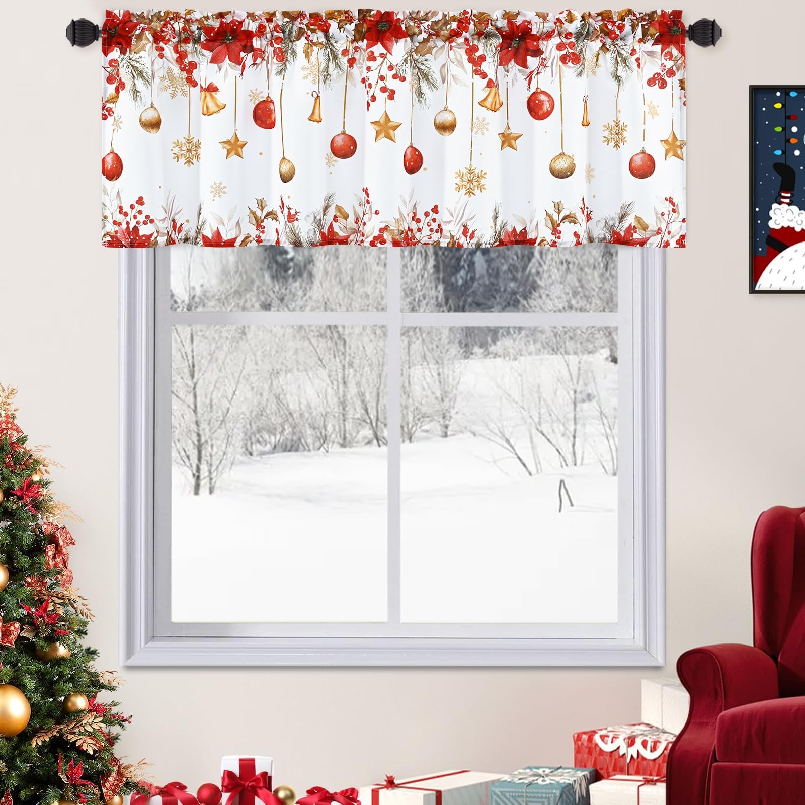 Christmas Valances for Windows, Snowflake Poinsettia Kitchen Valances for Win…
