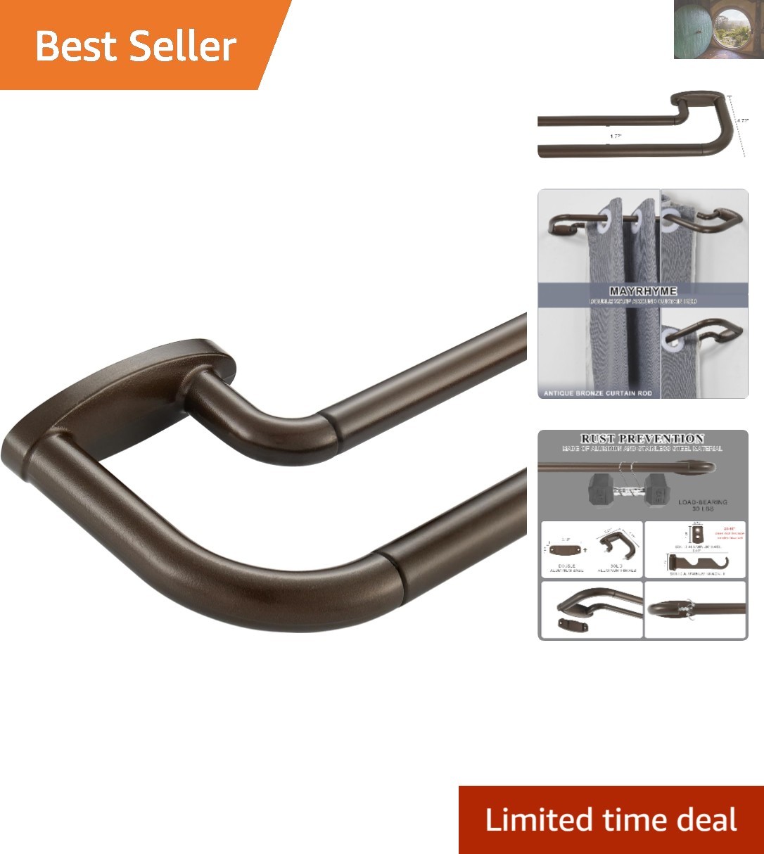 Adjustable Dual Rod Curtain Set 28-48 Inches in Dark Bronze | Easy Installation