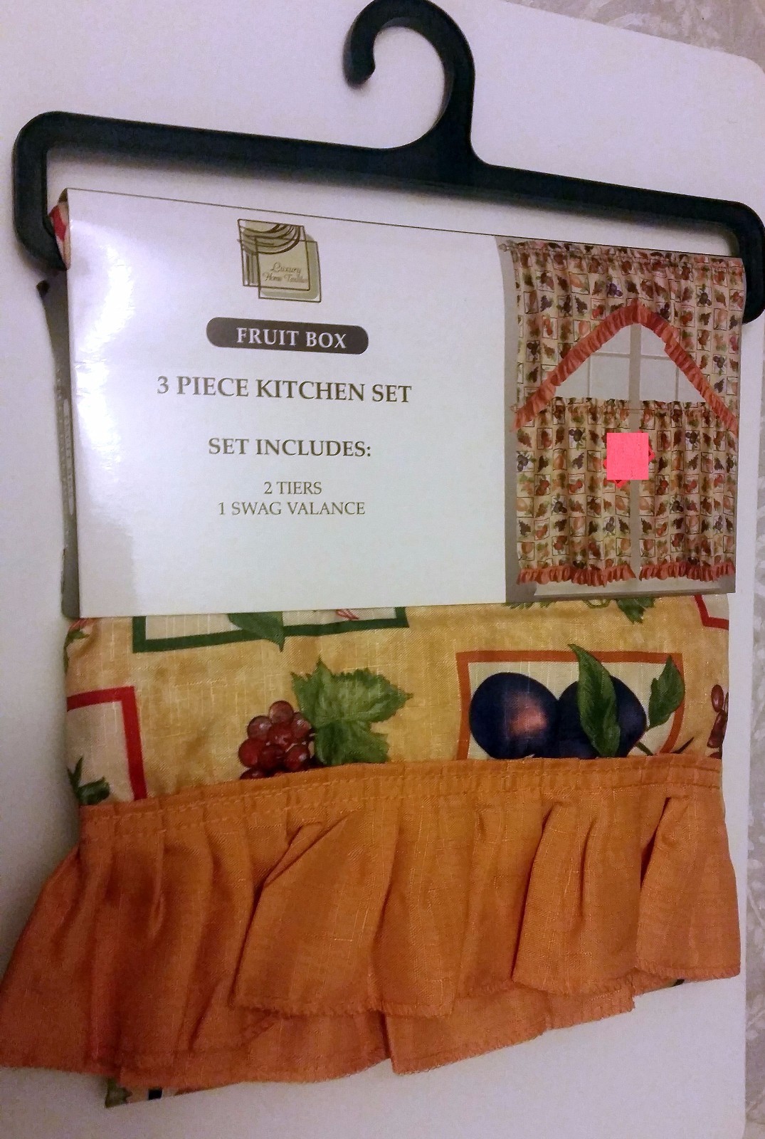 3pc Printed Kitchen Curtains Set:2 Tiers (30″x36″) & Swag (60″x36″)FRUITS BOX,LX