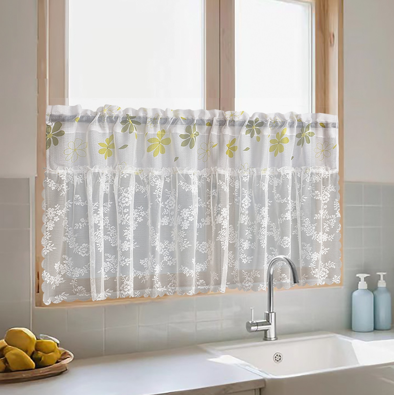 1 Panel Floral Lace with Pastoral Floral Sheer Curtain Short Valance