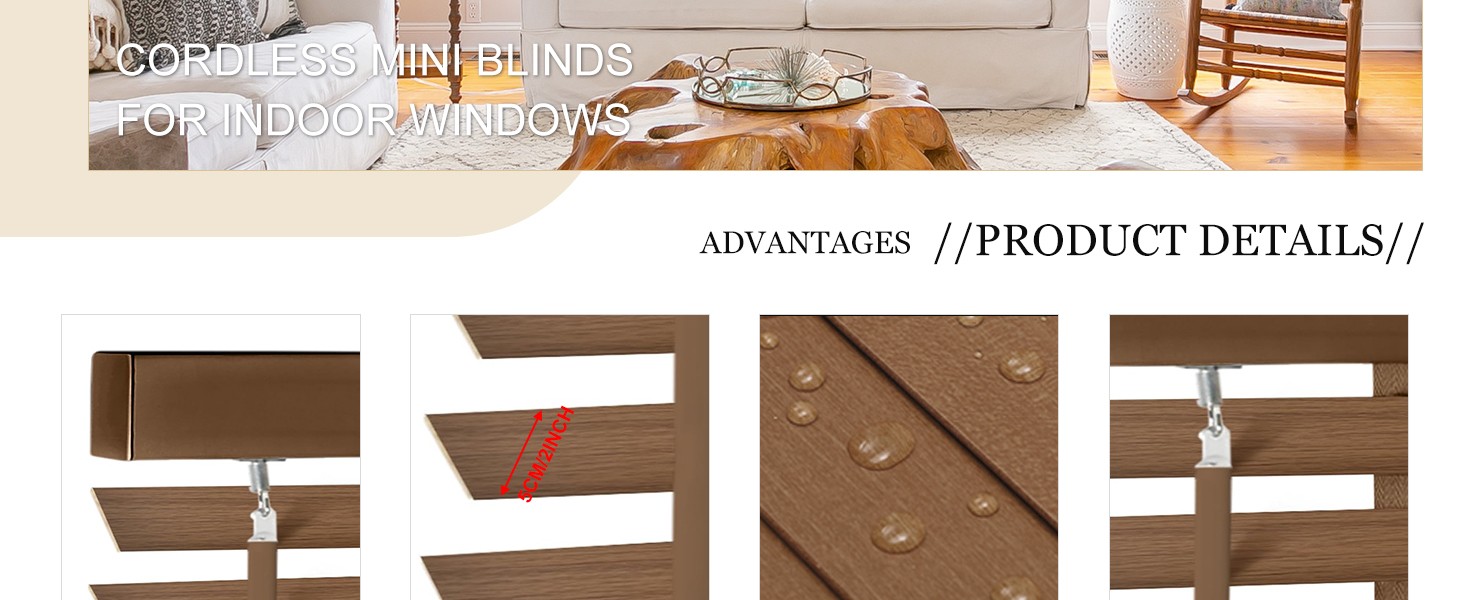 2″ Cordless Solid Wood Blinds for Indoor Window,52.5″ W x 60″ H Real Wooden
