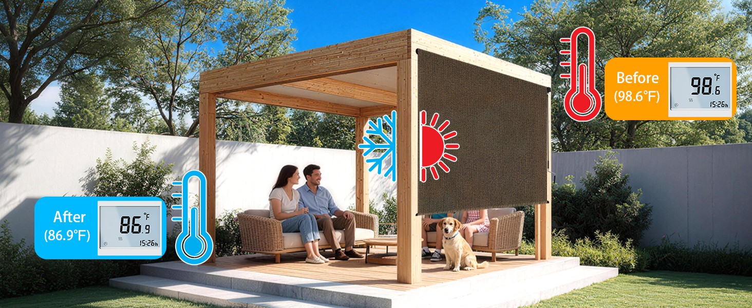 10’W x 8’H Gray Outdoor Roller Shade with Crank Wand Patio Shades Roll up,