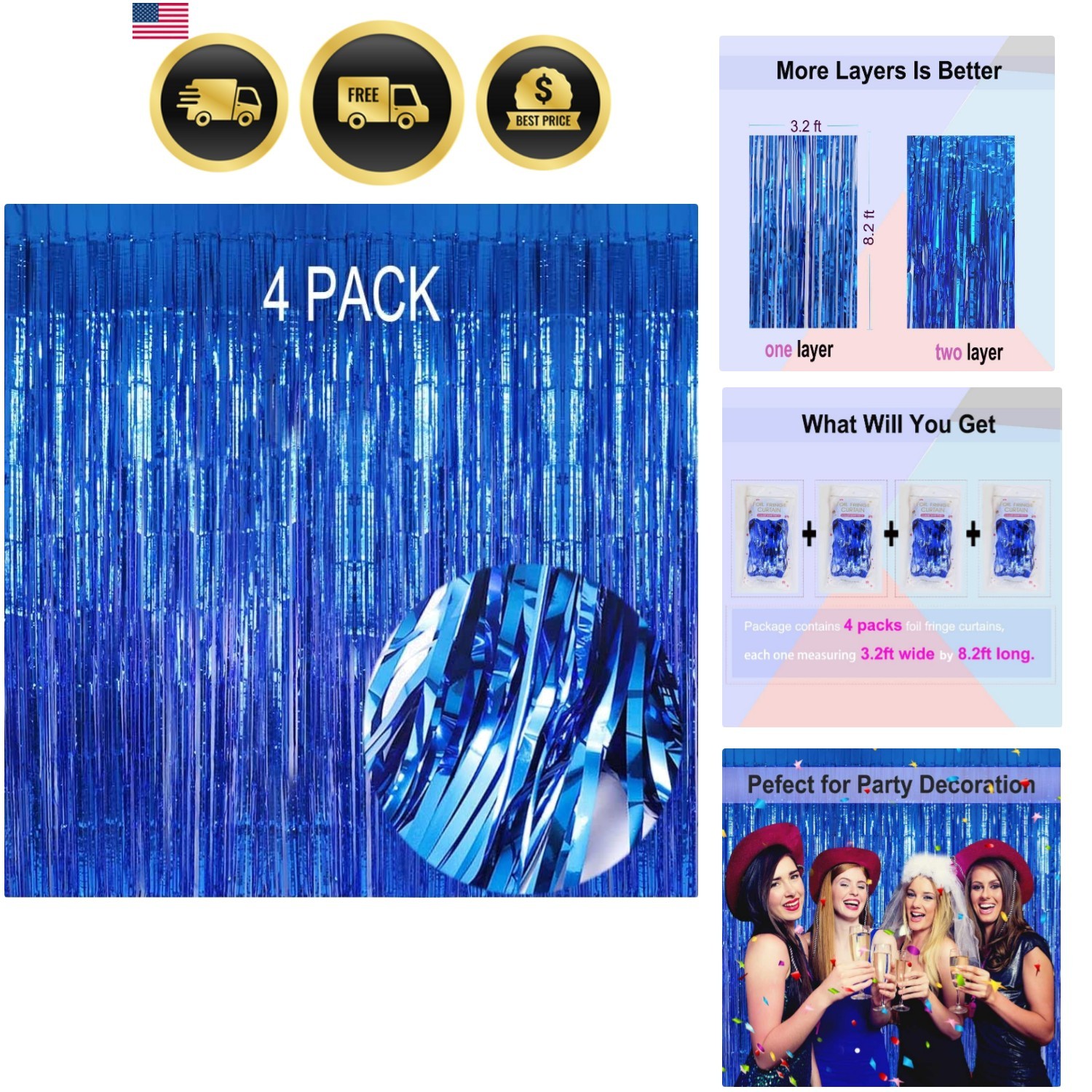 Blue Foil Fringe Curtain- 4 Pack of 3.2×8.2ft Blue Streamers Backdrop Curtain…