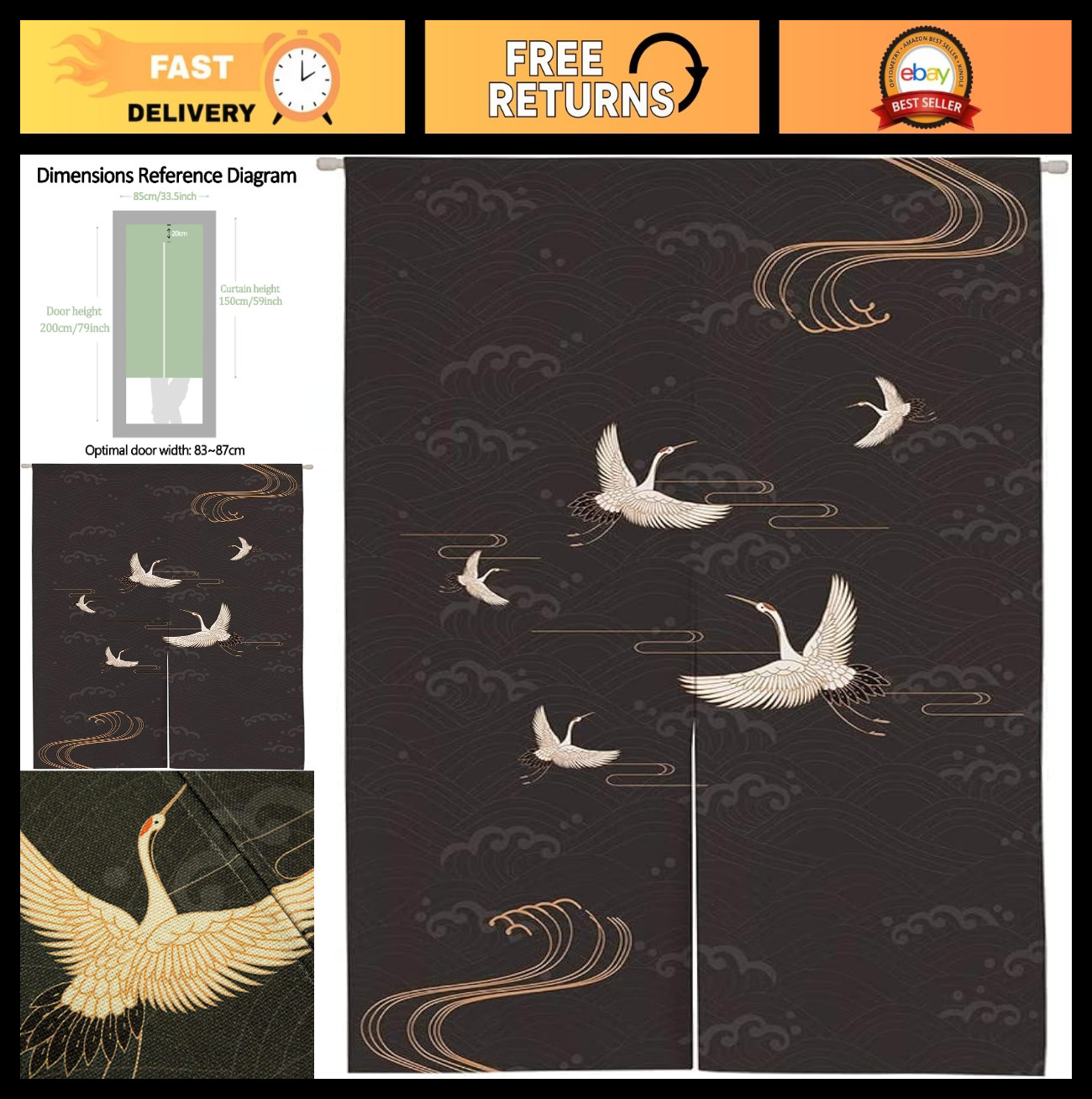 Japanese Crane Noren Curtain 33.5″ x 59″ | Traditional Home Decor, Room Divider
