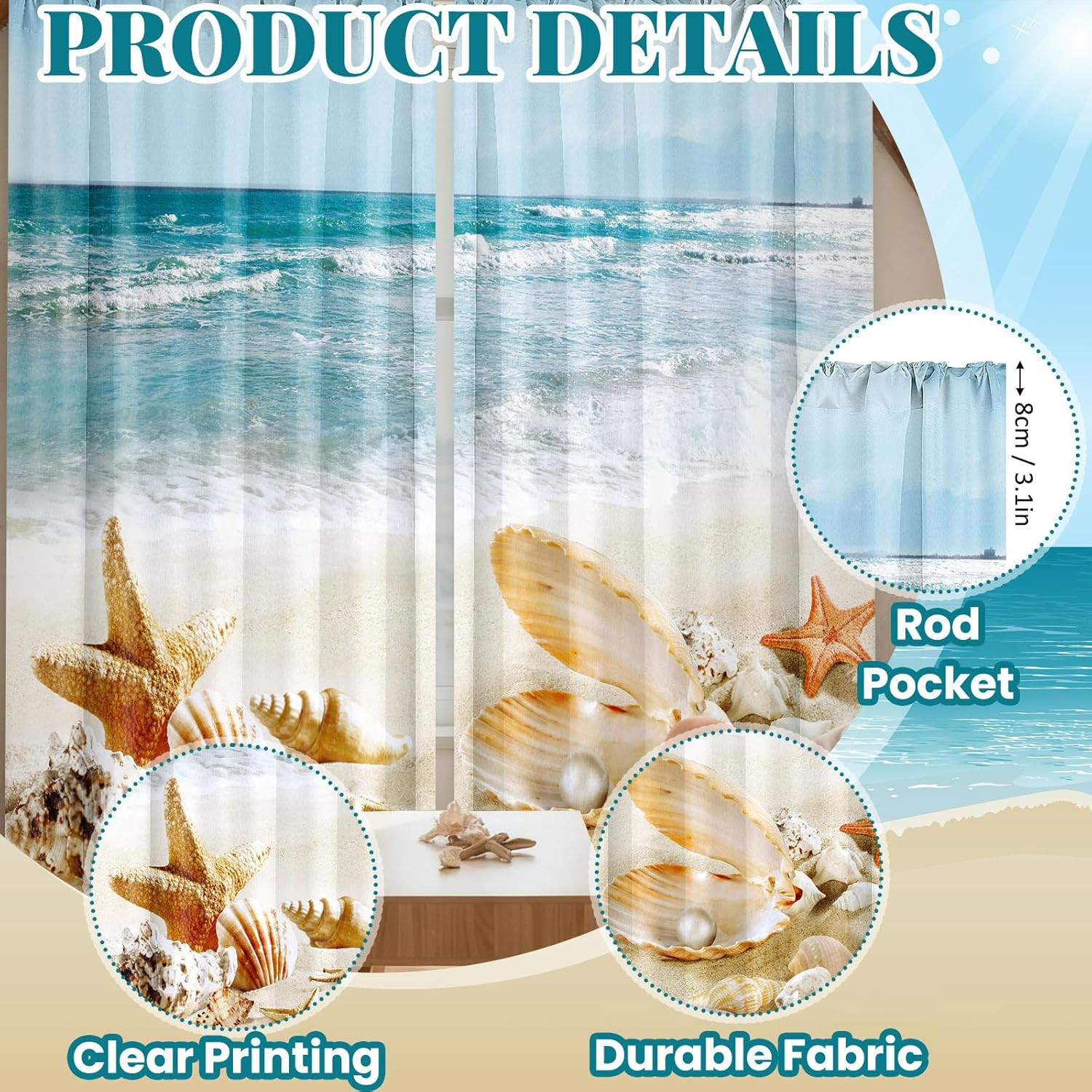 Ocean Beach Shell Starfish Window Curtain Panels 52 x 84 2 Piece Set Blue Gold