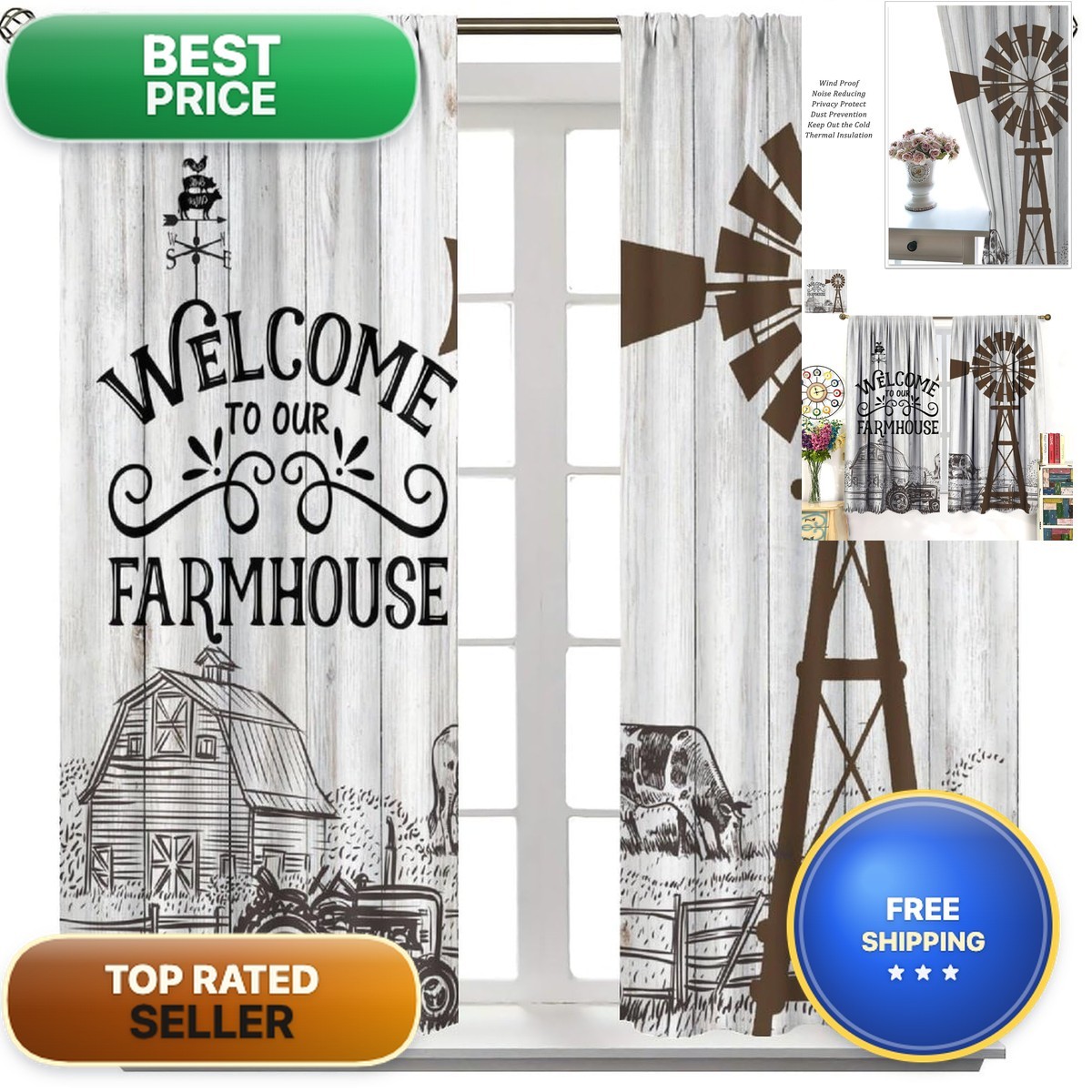 AuiMzoo Rustic Windmill Curtains 84X84 Blackout