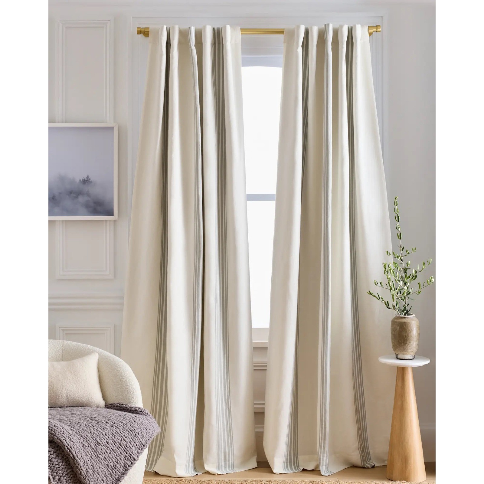 Quince Coastal Stripe Curtain Panel 48×96 Ivory Cotton Linen Room Darkening