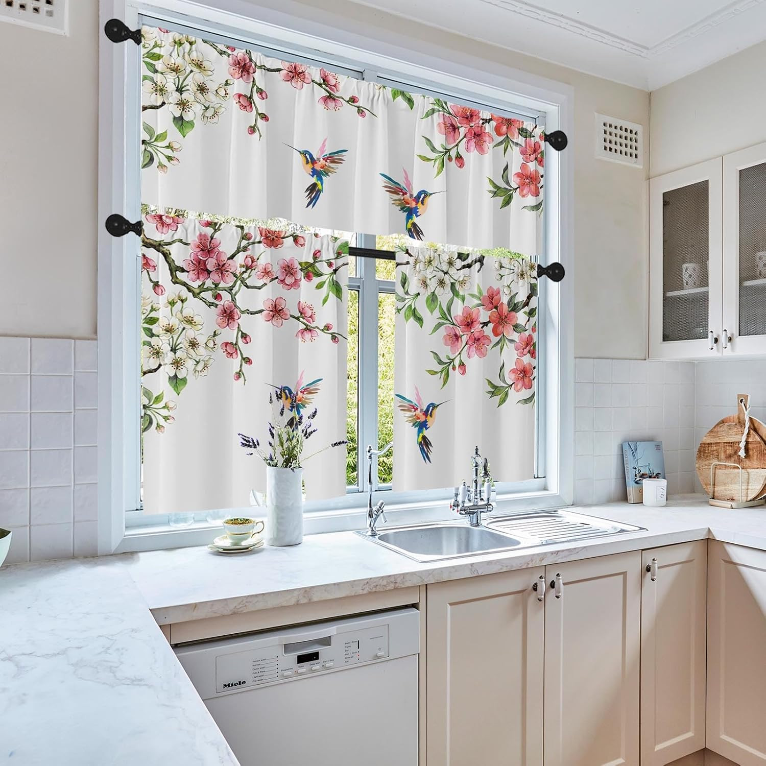 Flower Kitchen Window Curtains Valance and Tier Set 36 Inch, Spring Hummingbird