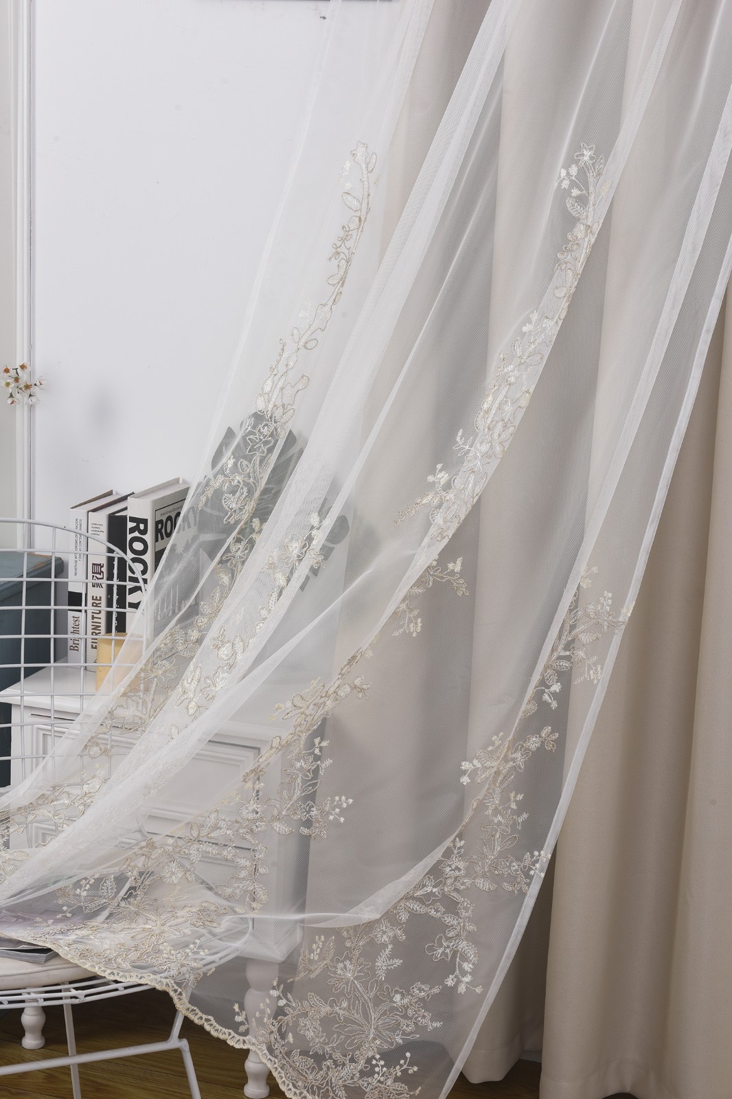 2 Panels 52x63inch Double Layer Curtains with Embroiered Sheer, Grommet Drapes