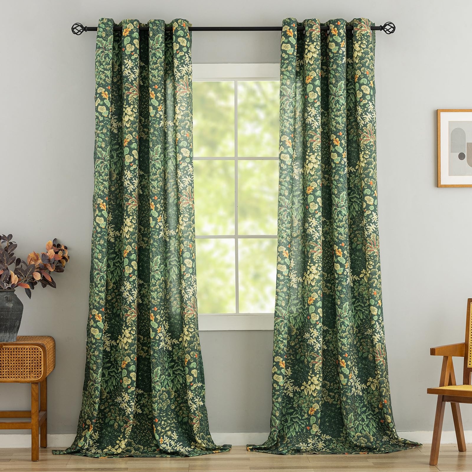 Green Floral Curtains 84 Inches Long 2 Panels Vintage Cottagecore Botanical C..