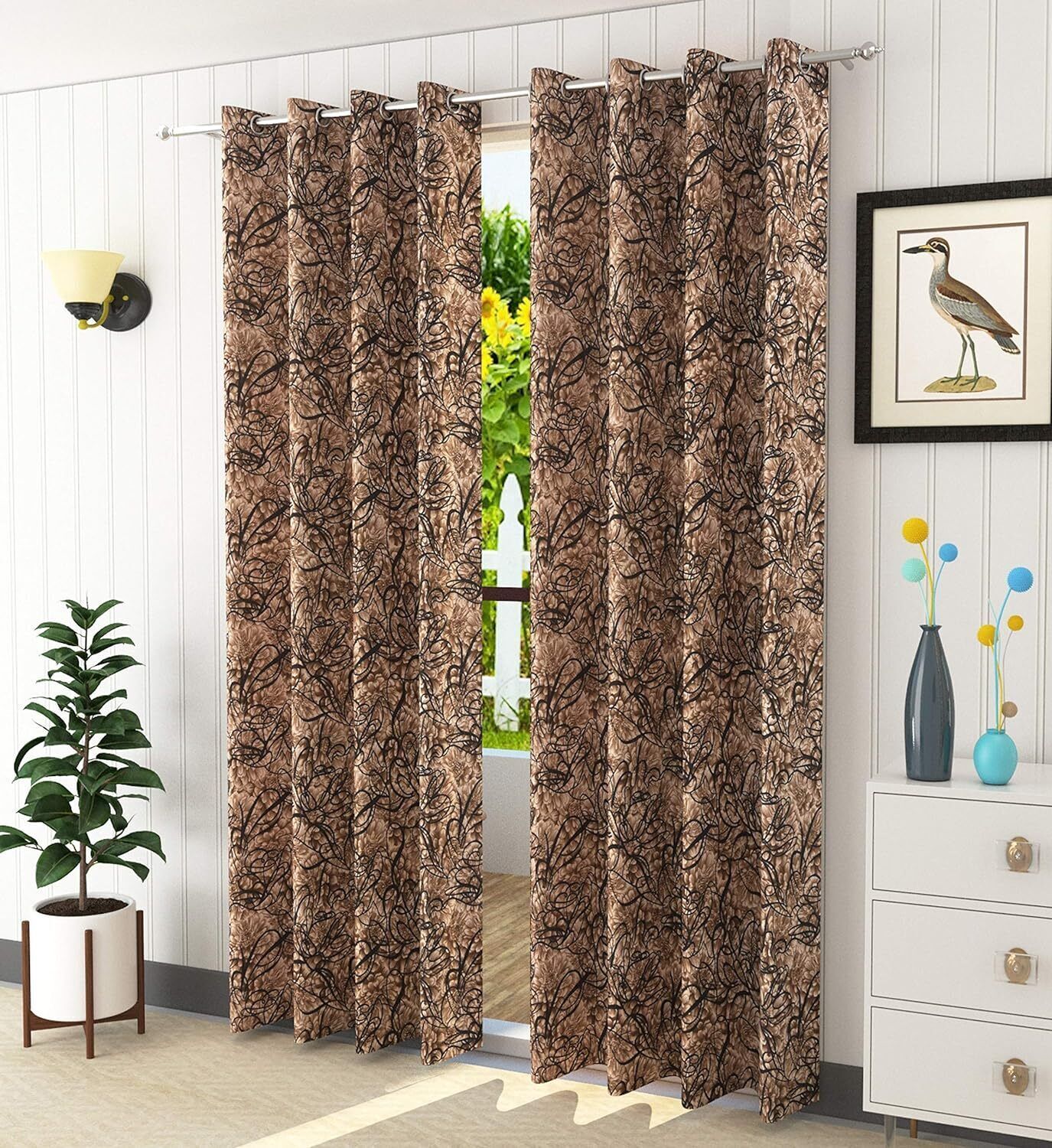 2 Piece Printed Polyester Ringtop Window Door Boho Curtain Set 5 7 9 Feet- Brown