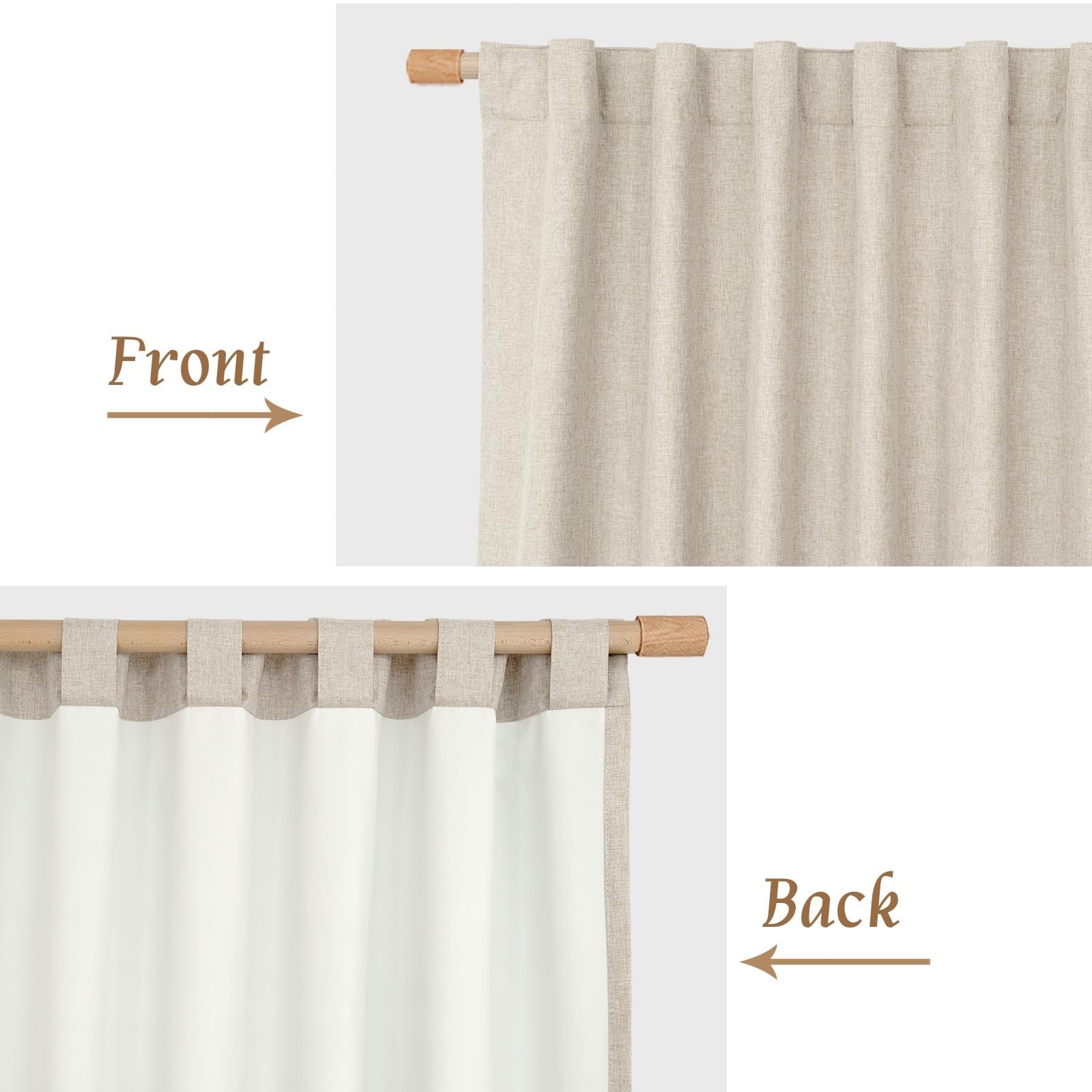 100% Blackout Linen Kitchen Curtains, 36″ Back Tab Rod Pocket Drapes, 2 Panels,
