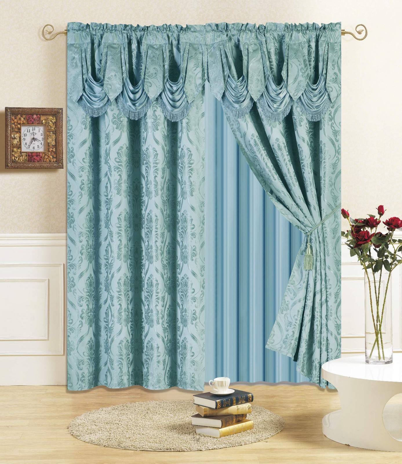 ON NEW 4 PIECE DRAPE SET WITH ATTACHED VALANCE AND SHEER WITH 2 TIE BACKS INCLUD