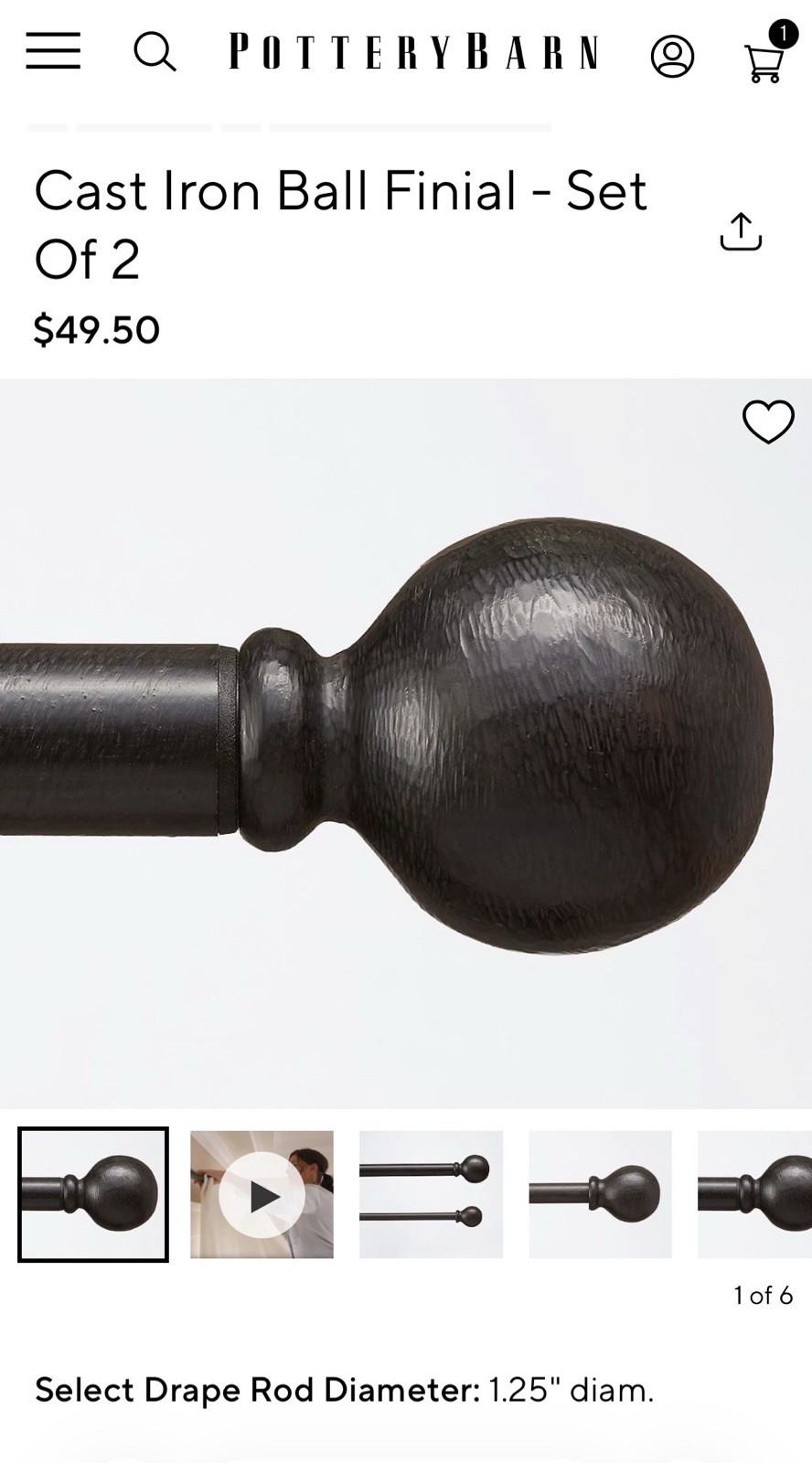 Pottery Barn Cast Iron Finials Black Set of 2, 2.75″ Diameter Screw-On