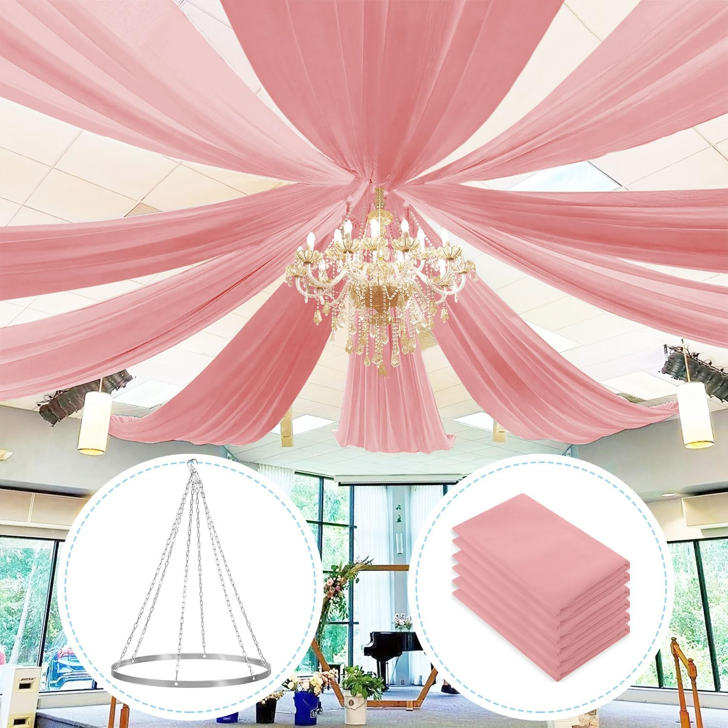 Dusty Rose Ceiling Drapes Kit for Weddings – 6 Pack Chiffon 5x10ft