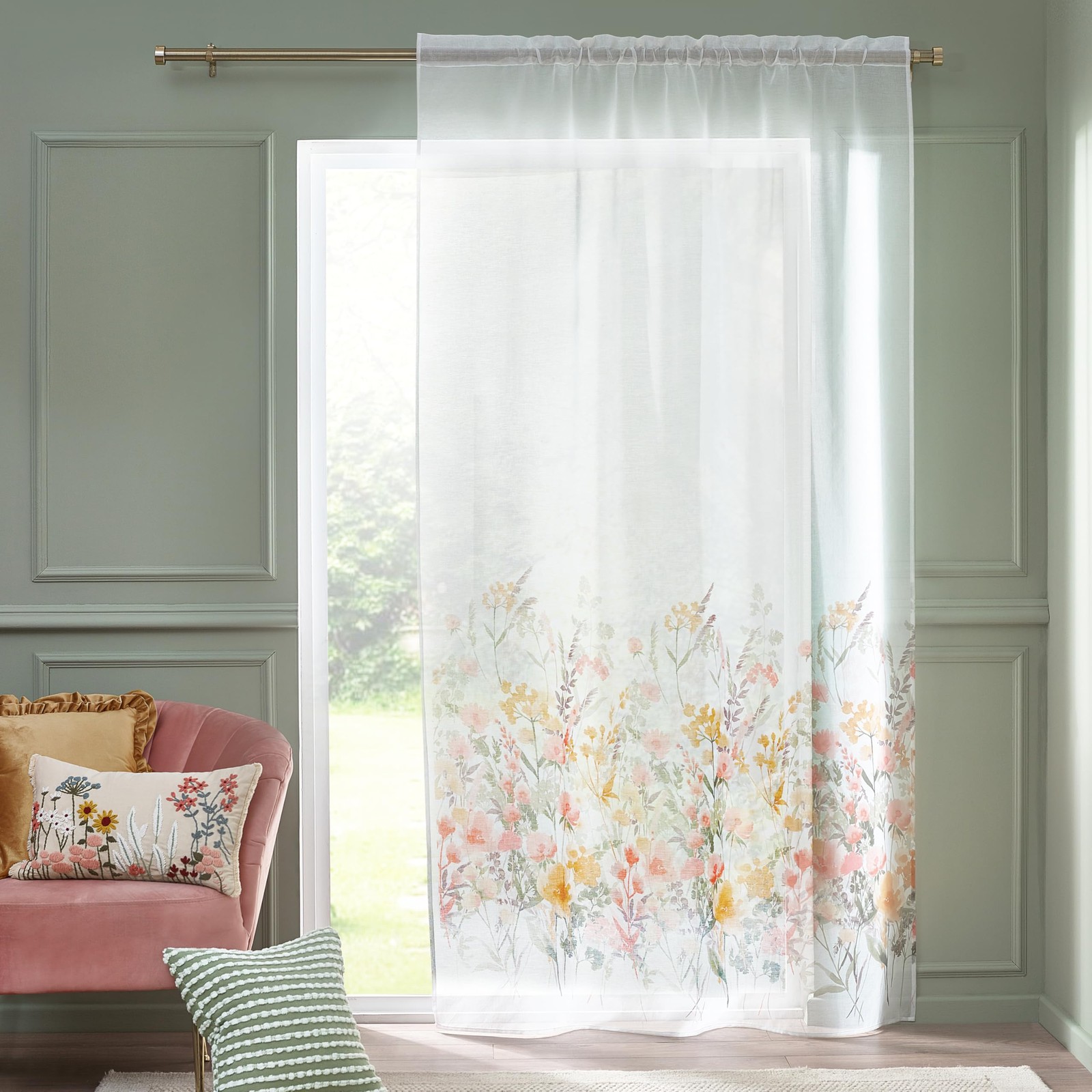 Countryside Floral Curtain with Slits, Voile, 140 x 137 cm, White