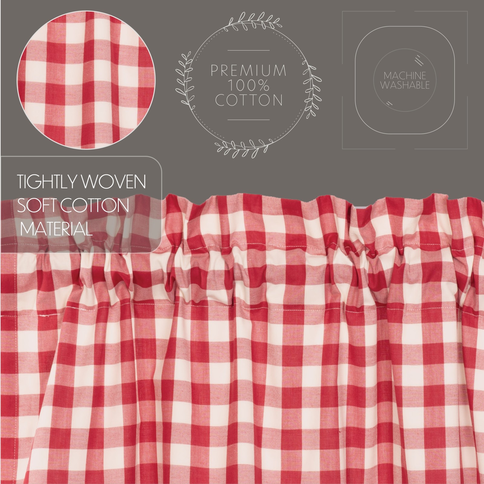 Annie Buffalo Check Red Curtain Set (1 Valance 16×72 ; 2 Tier 24×36) VHC Brands