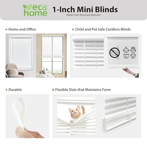 Cordless 1″ Mini Blinds, Flexible Slats, 46″W x 72″H, Pearl White Window Coverin