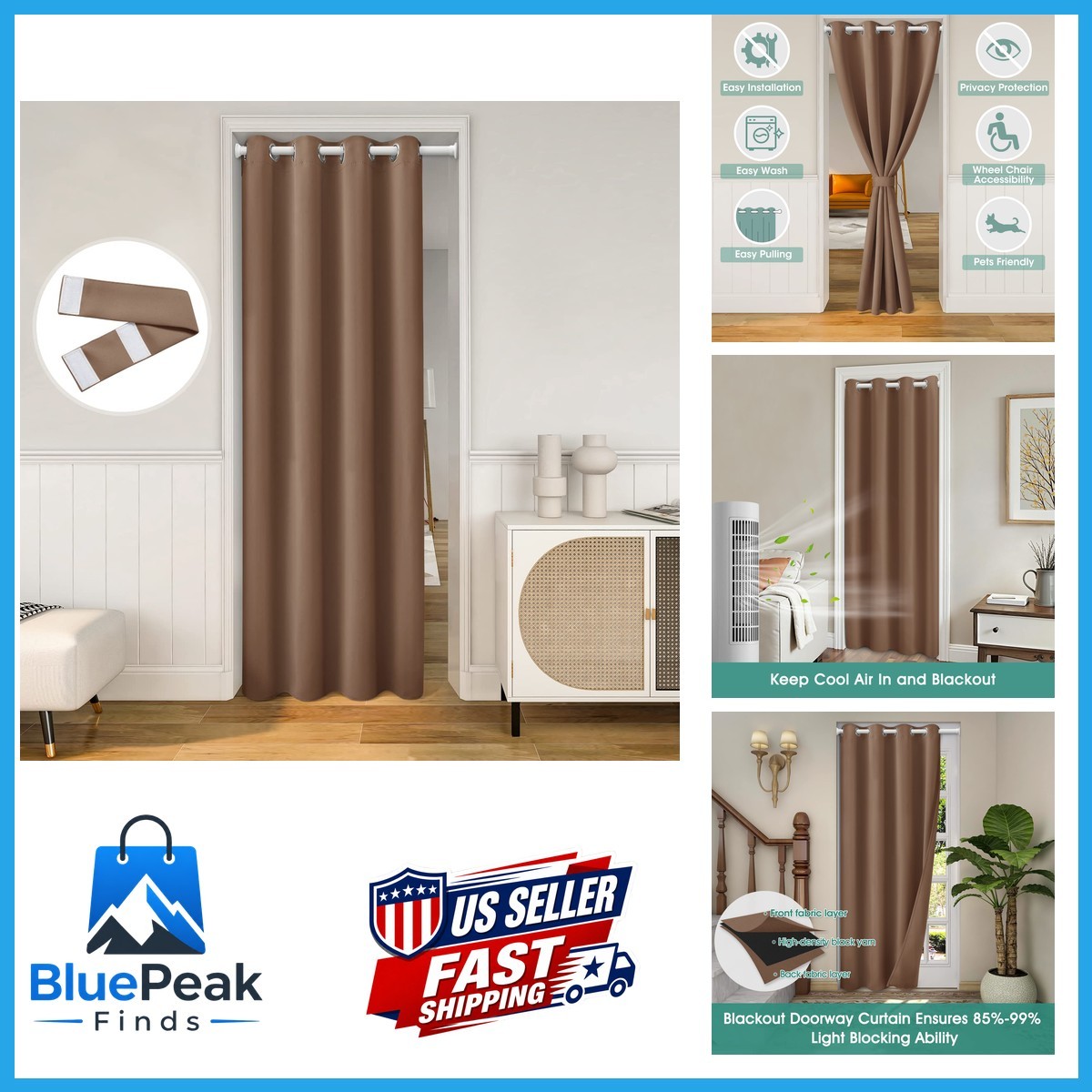 Homeideas Cappuccino Doorway Curtains Privacy Grommet Closet Curtain For