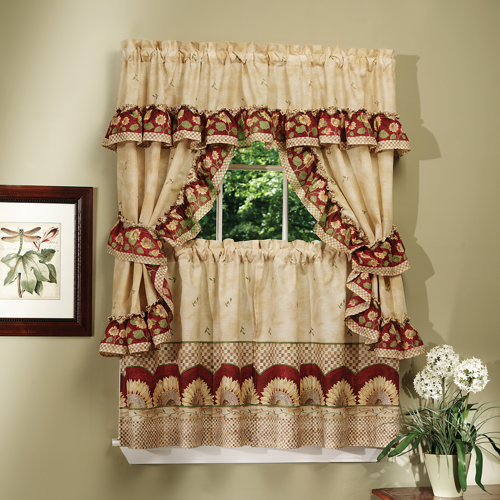 5-Piece Window Kitchen Curtain Set, Tier Panels and Valance with Sunflower Print
