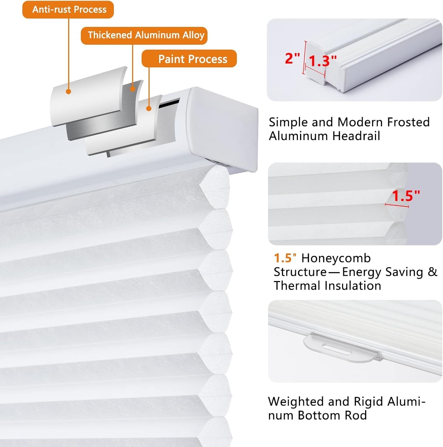 Persilux Cellular Window Shades, Honeycomb Cordless Blinds (White 34″ W x 72″ H)