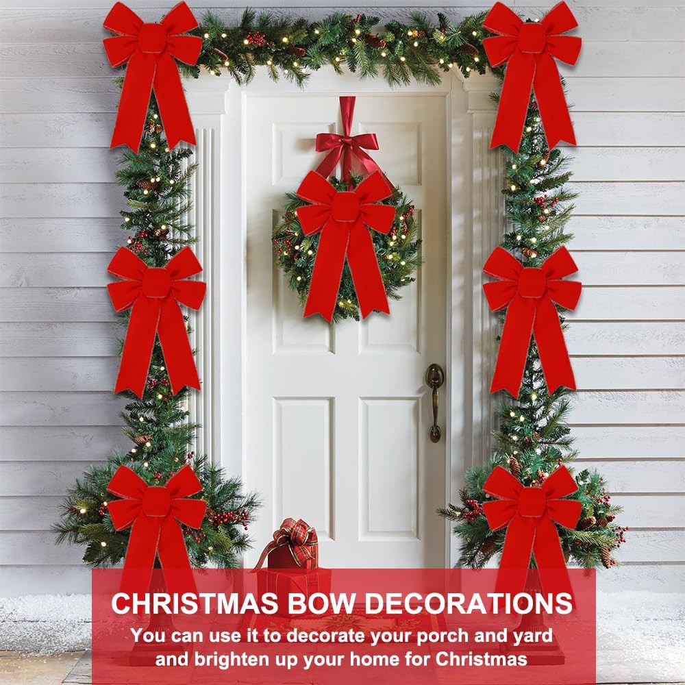 10PCS Christmas Red Bows Decorations, 9 x 13 Inches Large Velvet Christmas Tr…