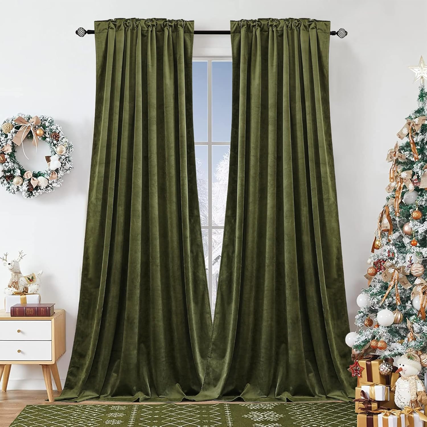 Olive Green Velvet Curtains, Luxury Room Darkening Drapes, 2 Panels 52×84