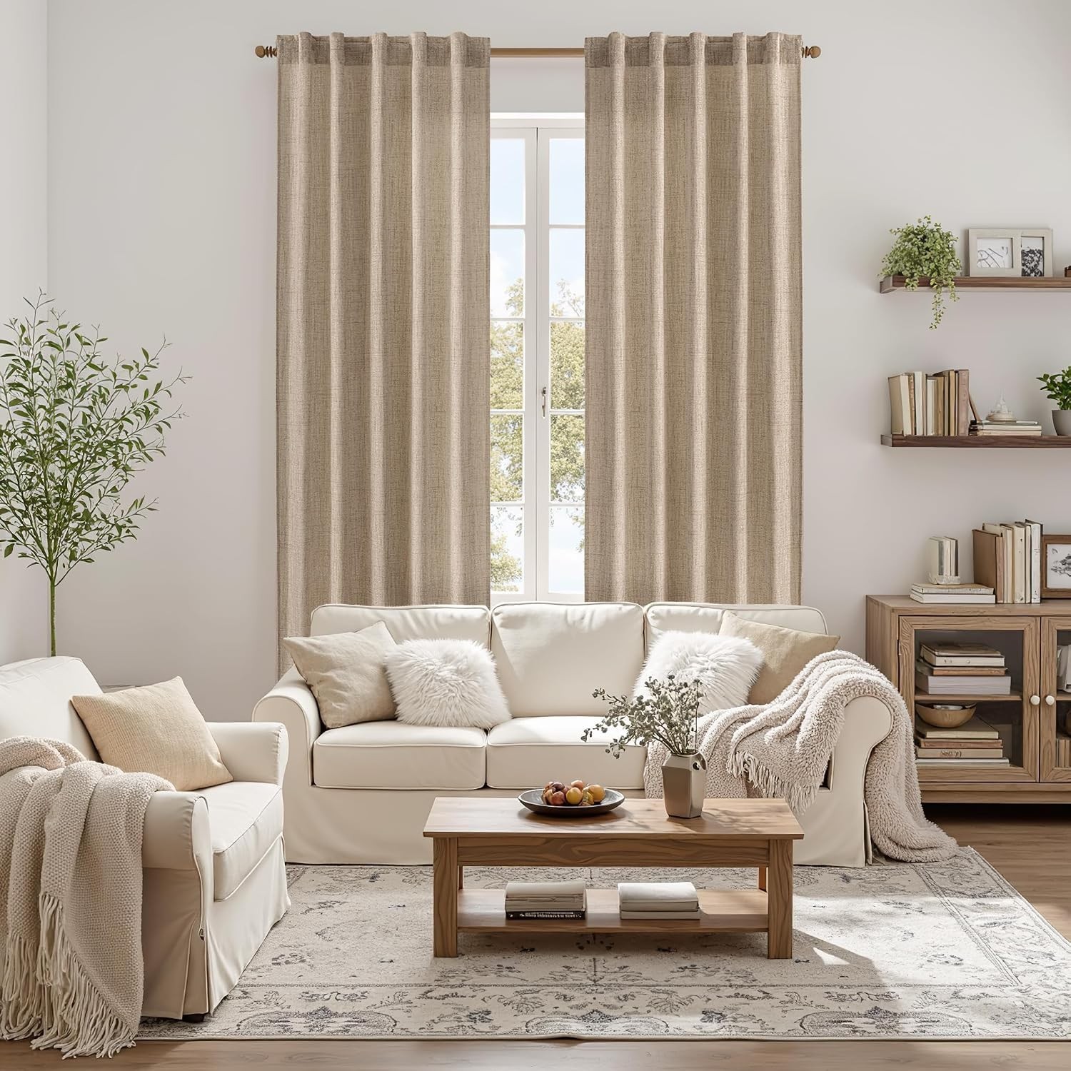Faux Linen Curtains Panels Light Filtering Window Drapes for Living Room and …