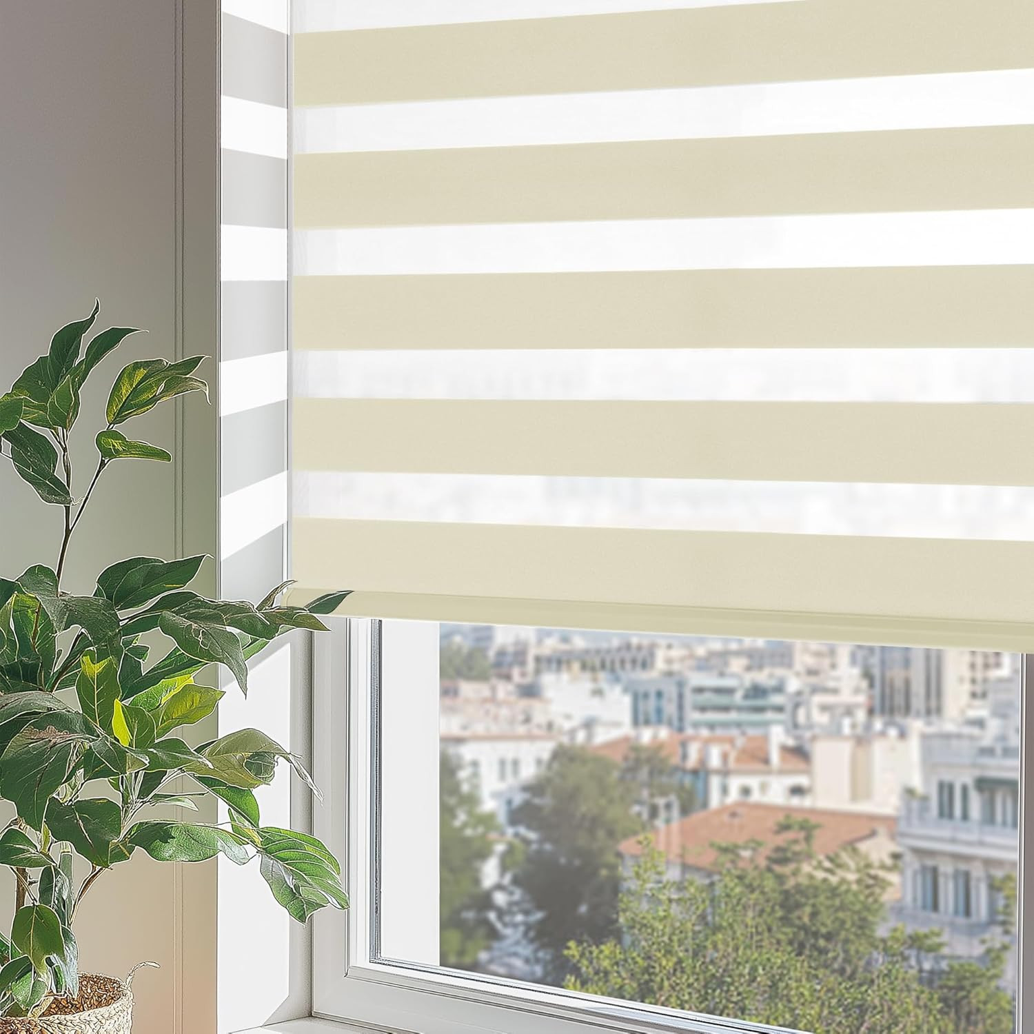 ChrisDowa Cordless Zebra Blinds for Windows, Dual Layer Free-Stop Light Filterin