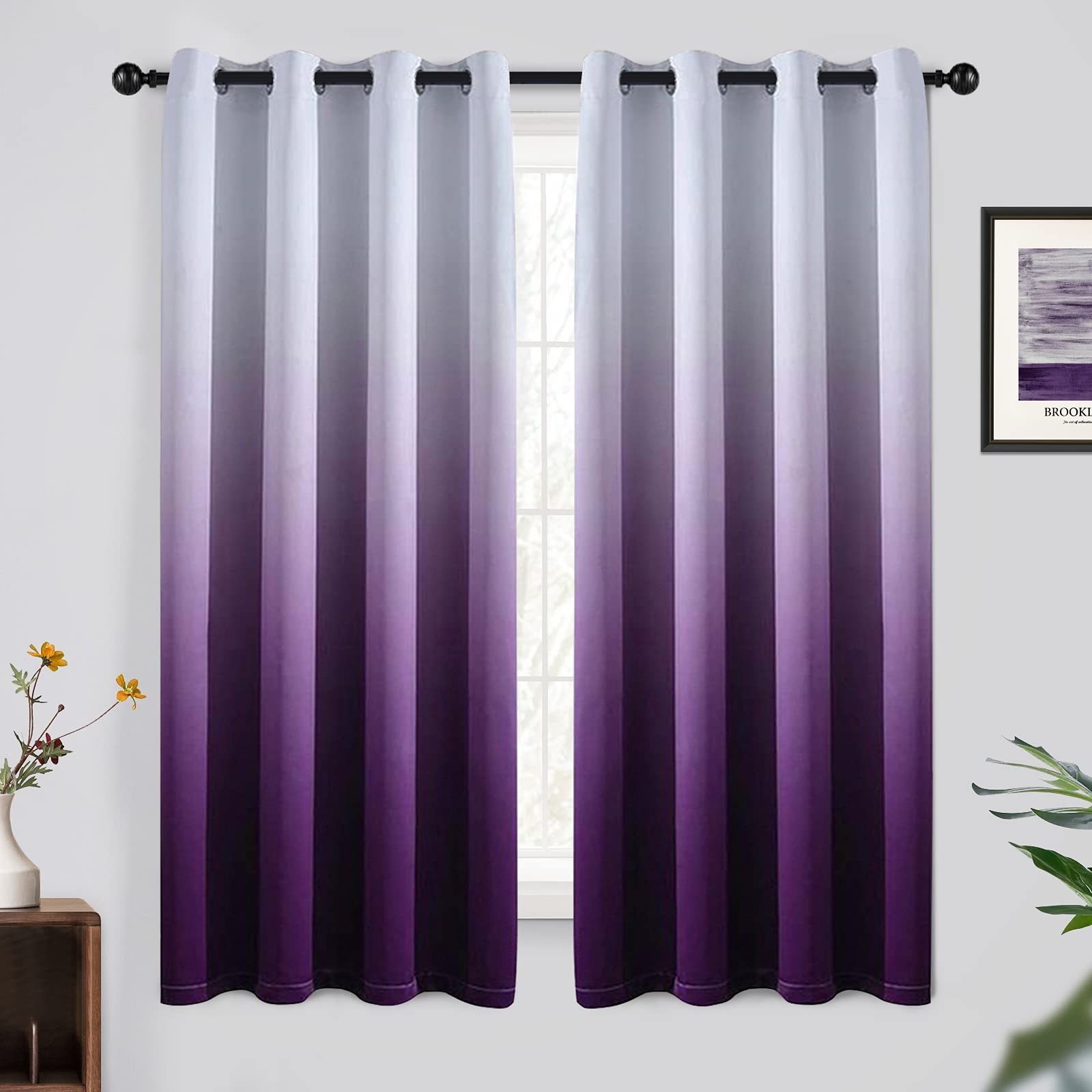 63 Inch Ombre Curtains Greyish White to Purple for Bedroom