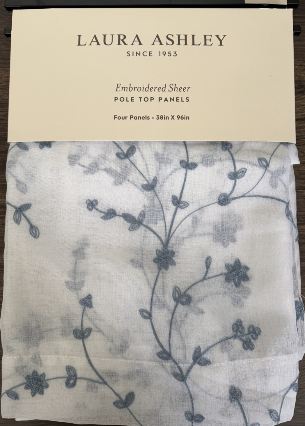 Laura Ashley Vernon Embroidered Sheer Drapes 38 x 96 Set of 4 Chambray Blue