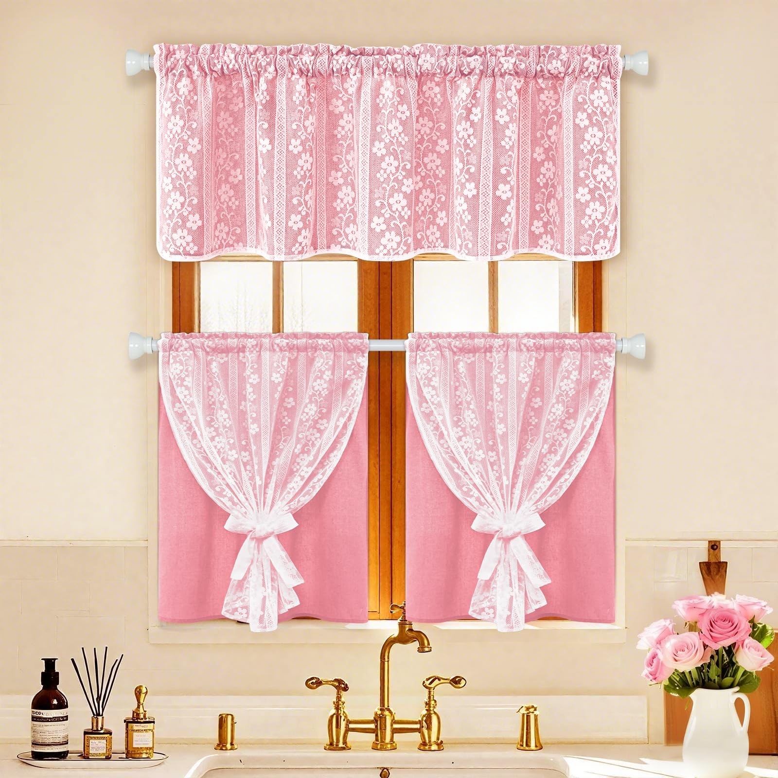 Aspmiz Pink Kitchen Curtains Double Layer Curtains Linen Lace Linen Kitchen