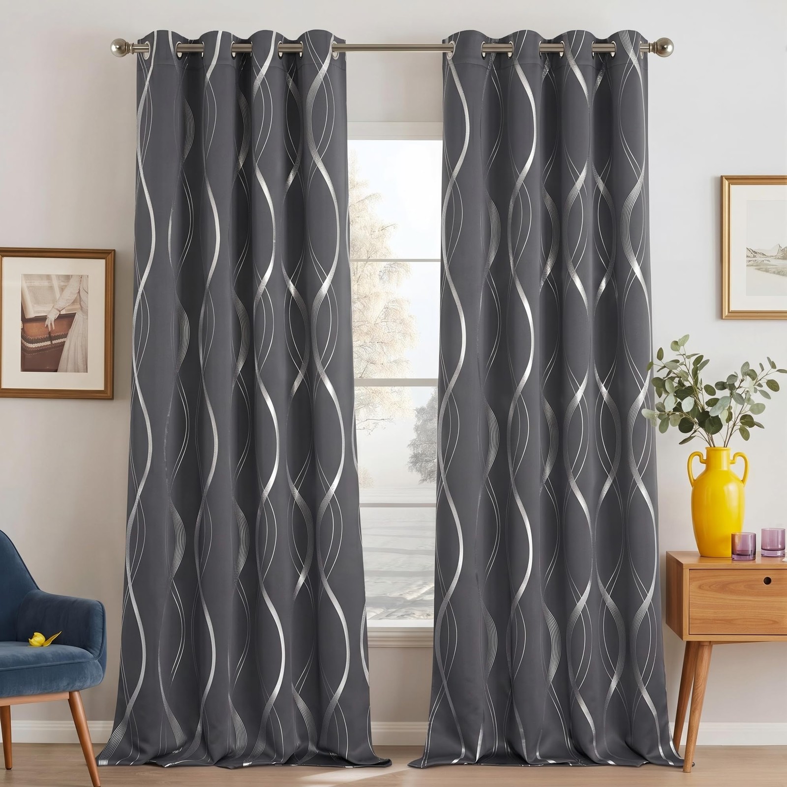 Grey Blackout Striped Pattern Curtains for Living Room 84 inch Long 2 Panels …