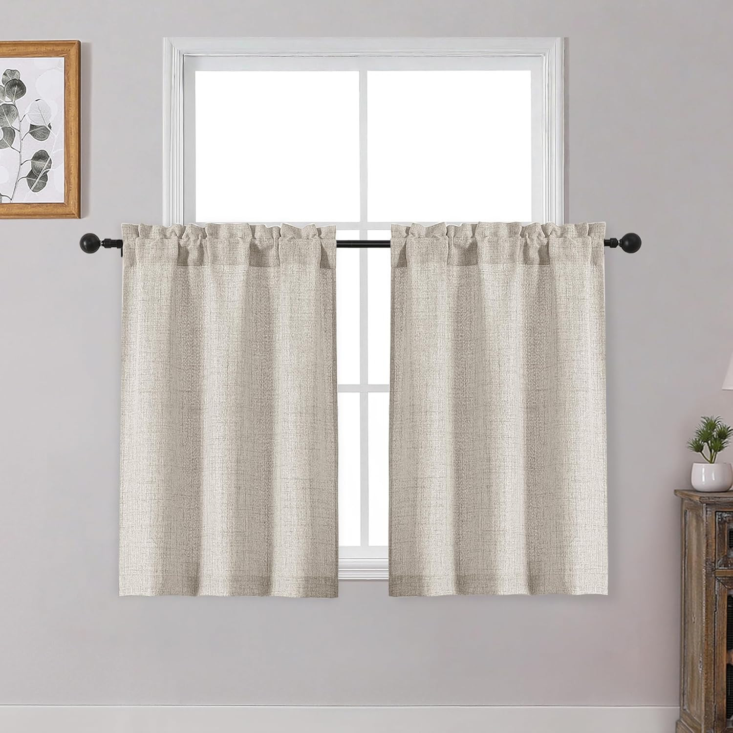 Linen Cafe Curtains 36 Inch Length 2 Panels Set, Light Filtering Textured Short