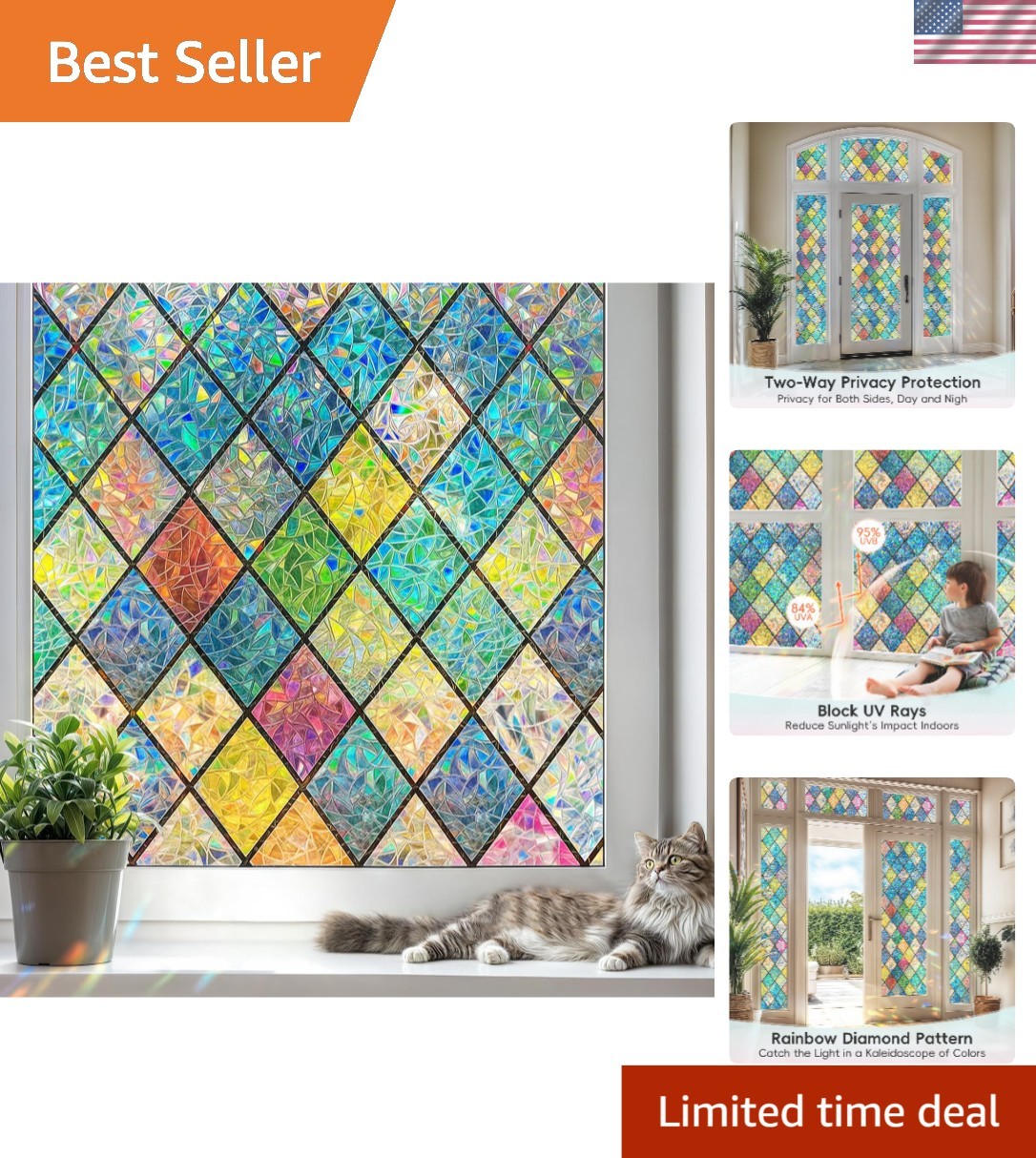 Stained Glass Window Film – Rainbow Diamond Grid, 11.8×39.3 Inch Privacy Decor