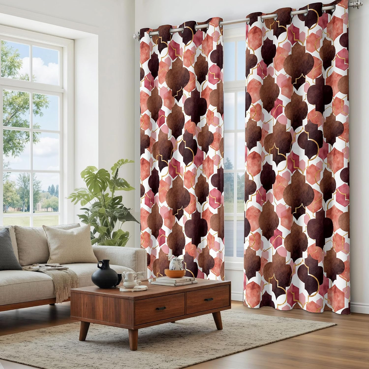 Moroccan 100% Blackout Curtains for Bedroom Brown Red Abstract Geometric Black O