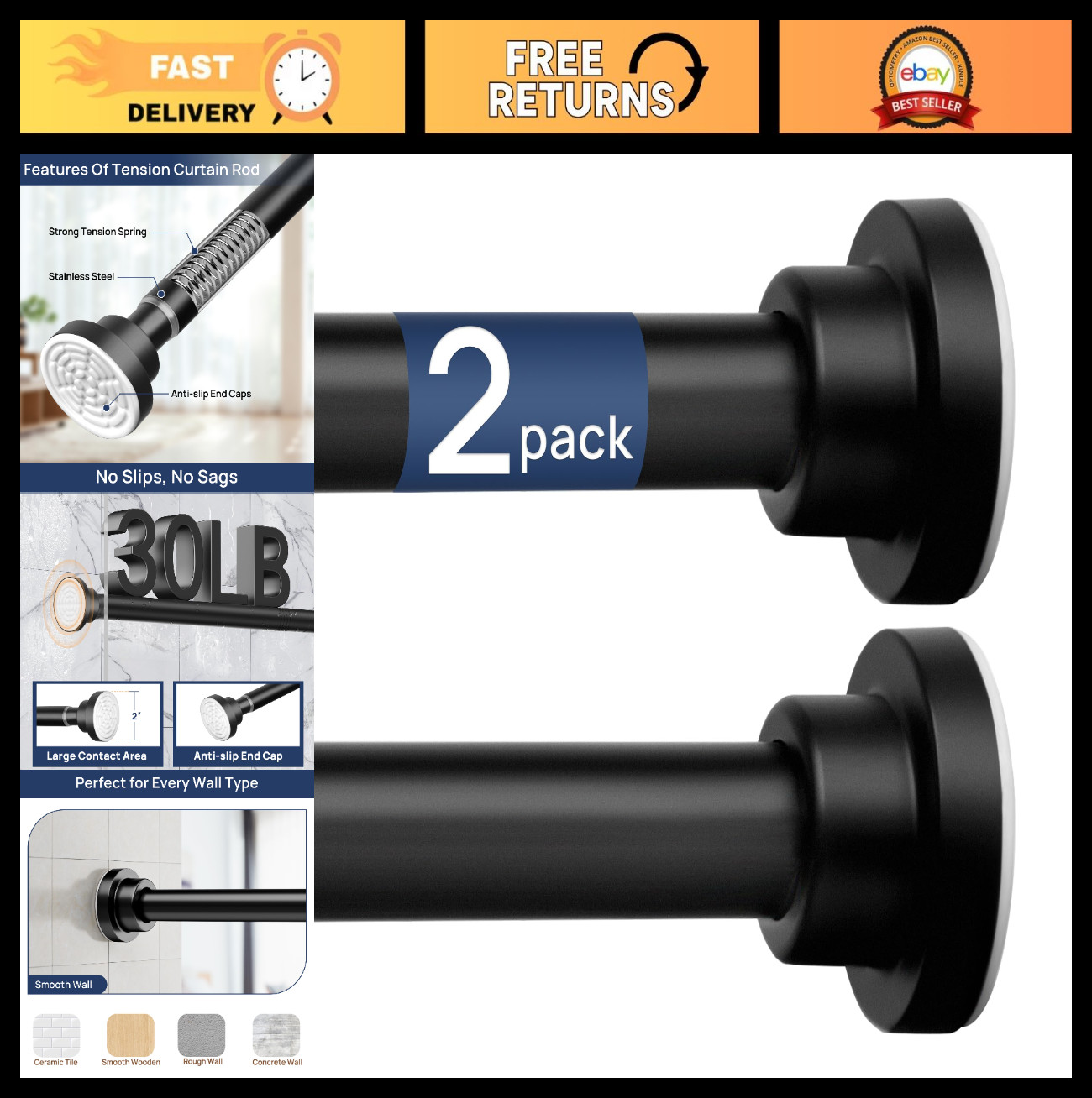 Adjustable Spring Tension Curtain Rods 32-66″ – No Drill, Matte Black, 2 Pack