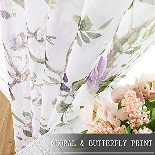 Floral Short Sheer Tier Curtains Cherry Flower Butterfly 30″W x 24″L Purple