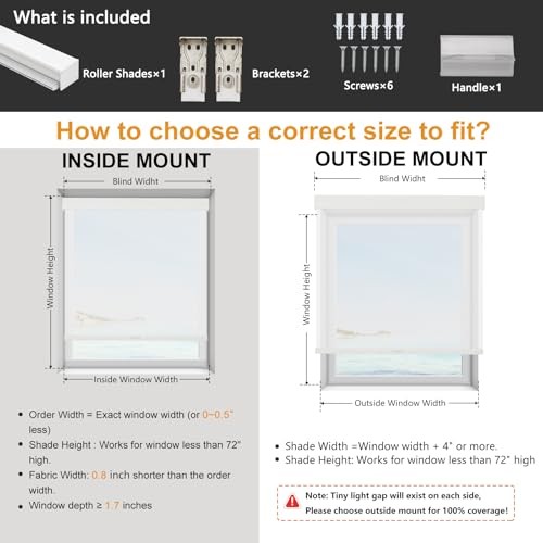 Free-Stop Cordless Roller Shades for Windows Light Filtering 20″W x 72″H White