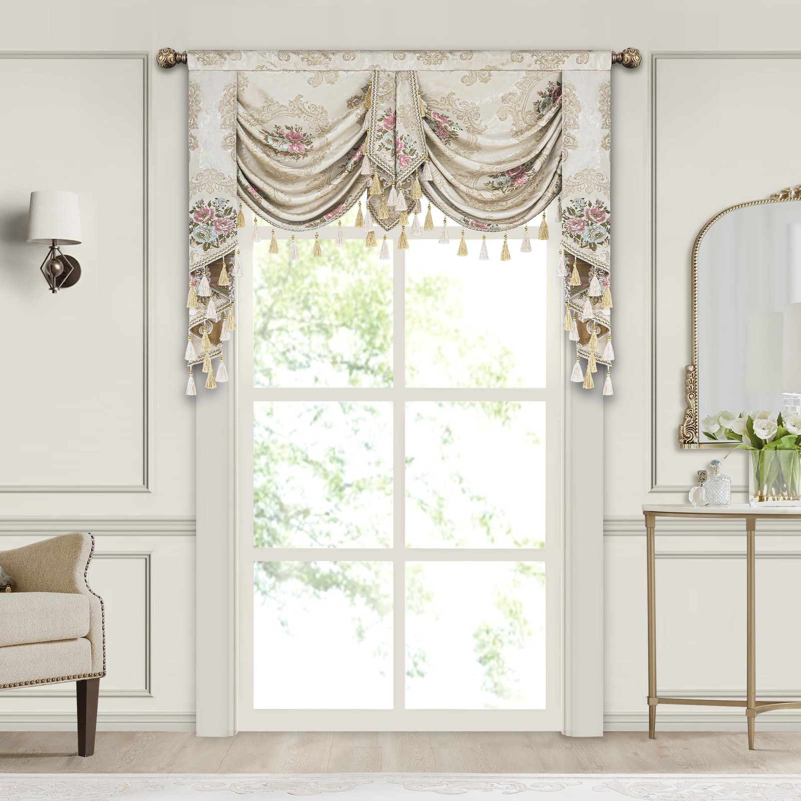 Luxury Jacquard Waterfall Valance for Living Room Bedroom, Floral Damask Swag…