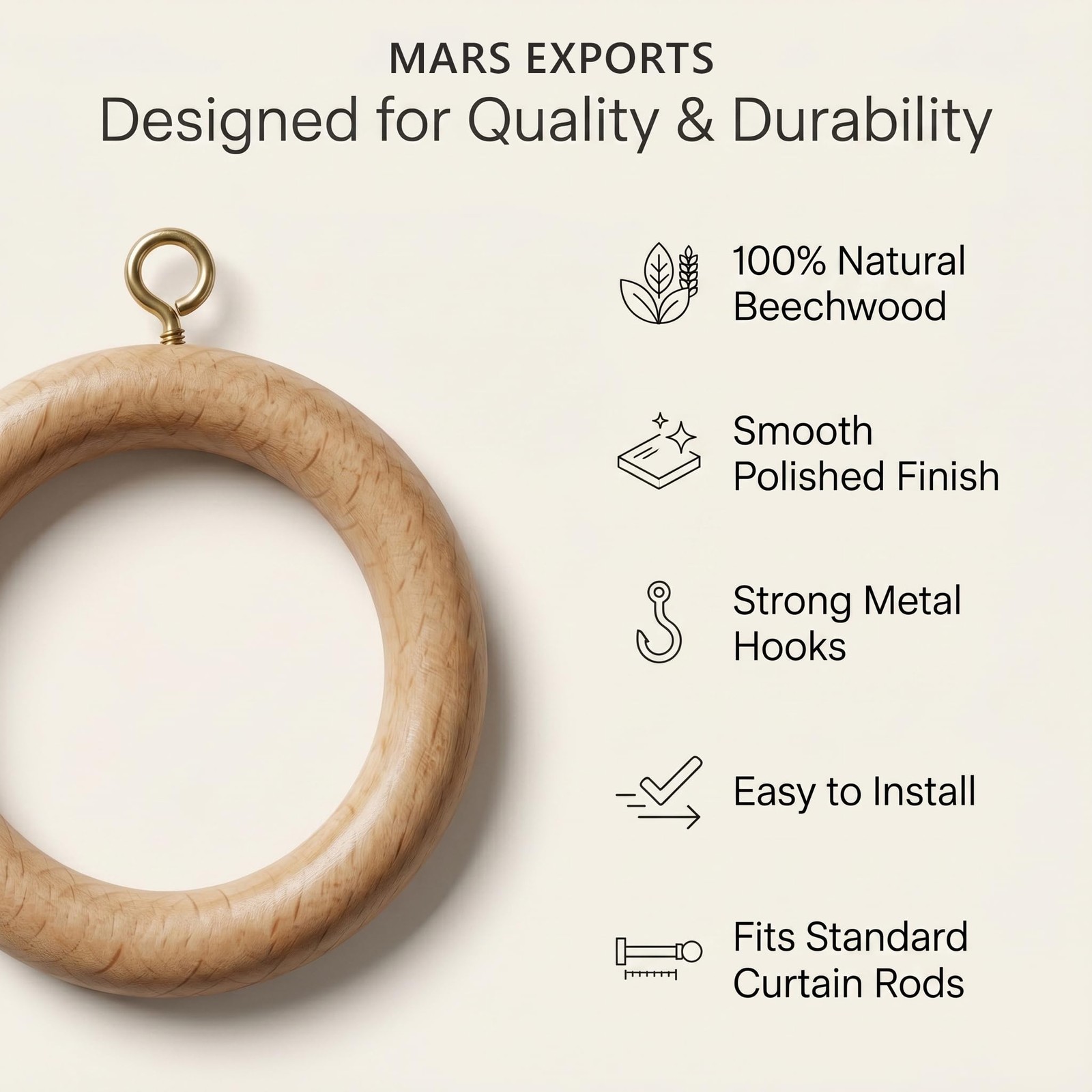 100pcs 3 Inch Wooden Curtain Rod Rings for 1.75in Rod – Beech Wood 2.2in Inner