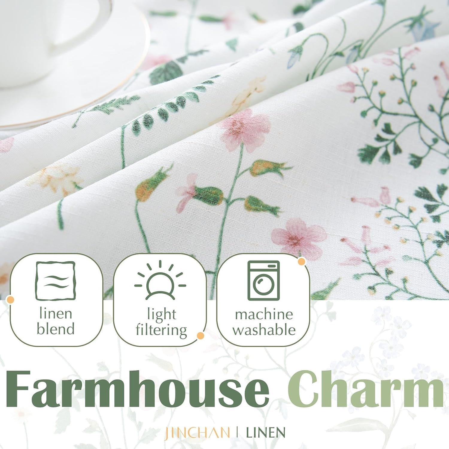 jinchan Floral Tie Up Valance Curtain Adjustable Linen Valance for Windows Farmh