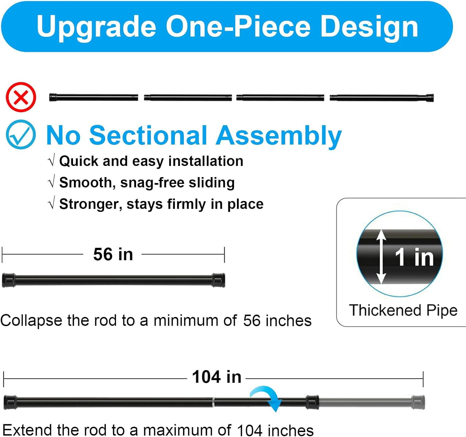 No Sectional Assembly Tension Curtain Rod 56-104 Inch, 1″ Diameter Spring Long A