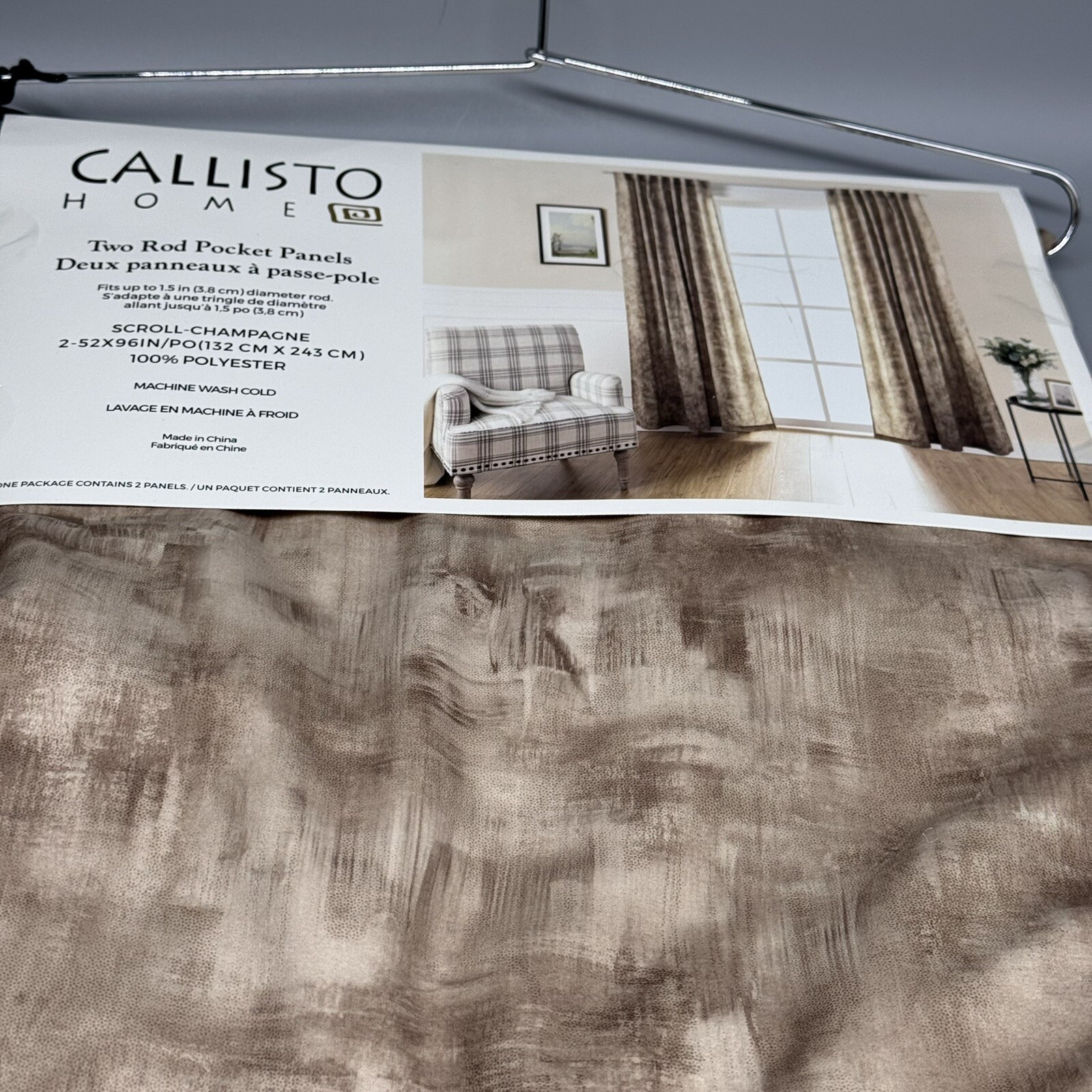 CALLISTO HOME 52×96 Scroll Champagne Rod Pocket Window Curtain Panels Set Of 2