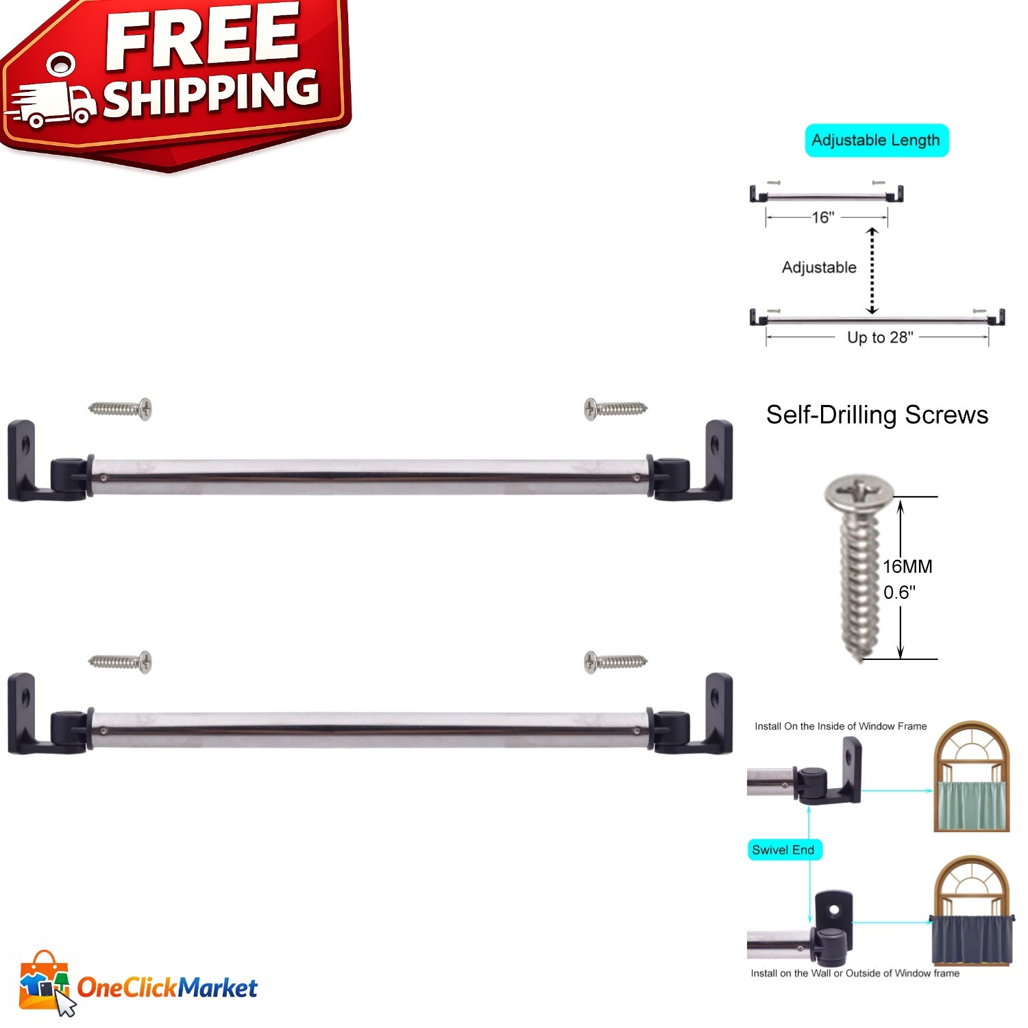 Black 16″ to 28″ Inside Window Frame Sash Rod – Modern Cafe Curtain Solution