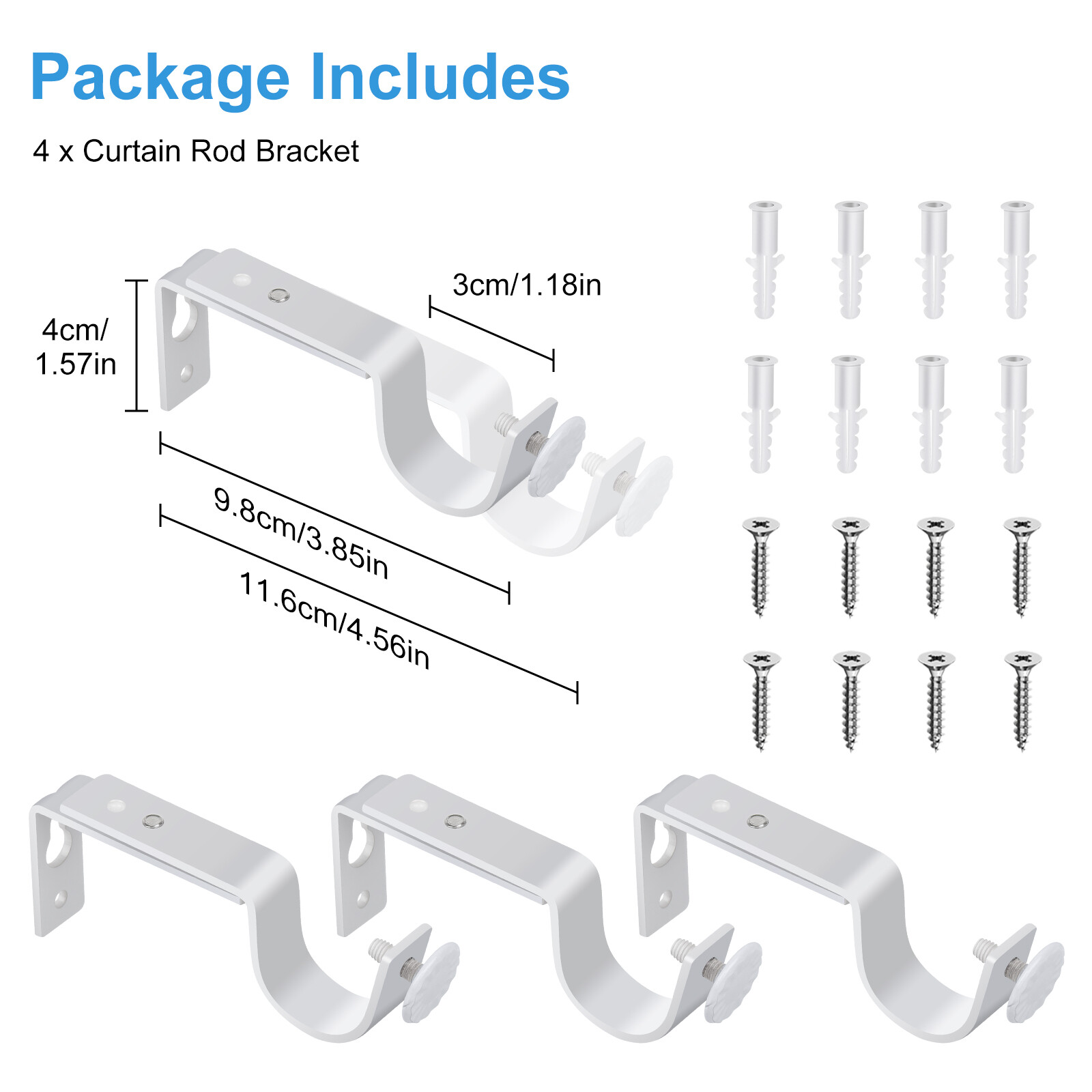 4PCS White Adjustable Curtain Rod Brackets Fit 1″-1.2″ Rods w/Screws & Anchors